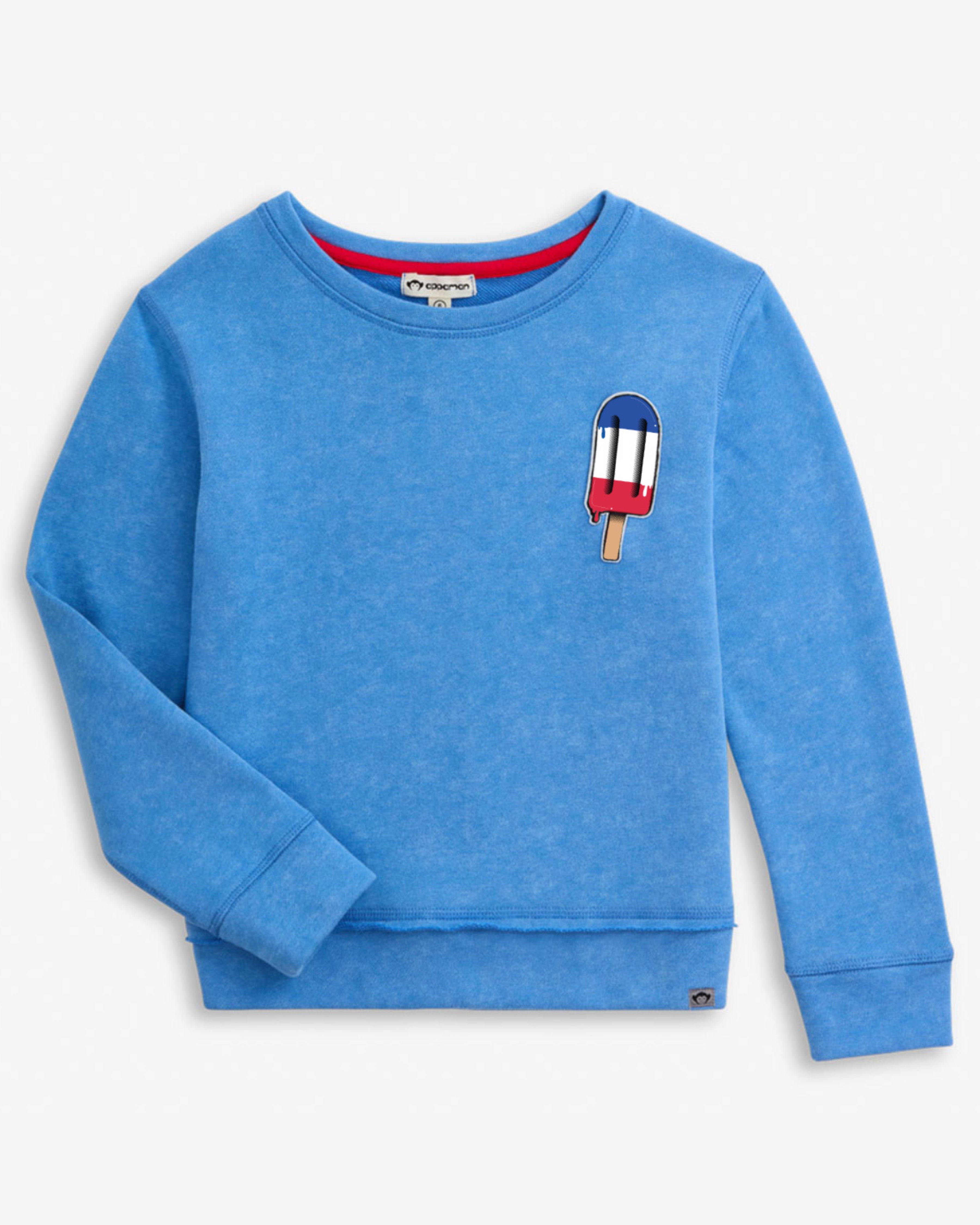 Popsicle Highland Sweatshirt in blue with playful graphic patch for kids.