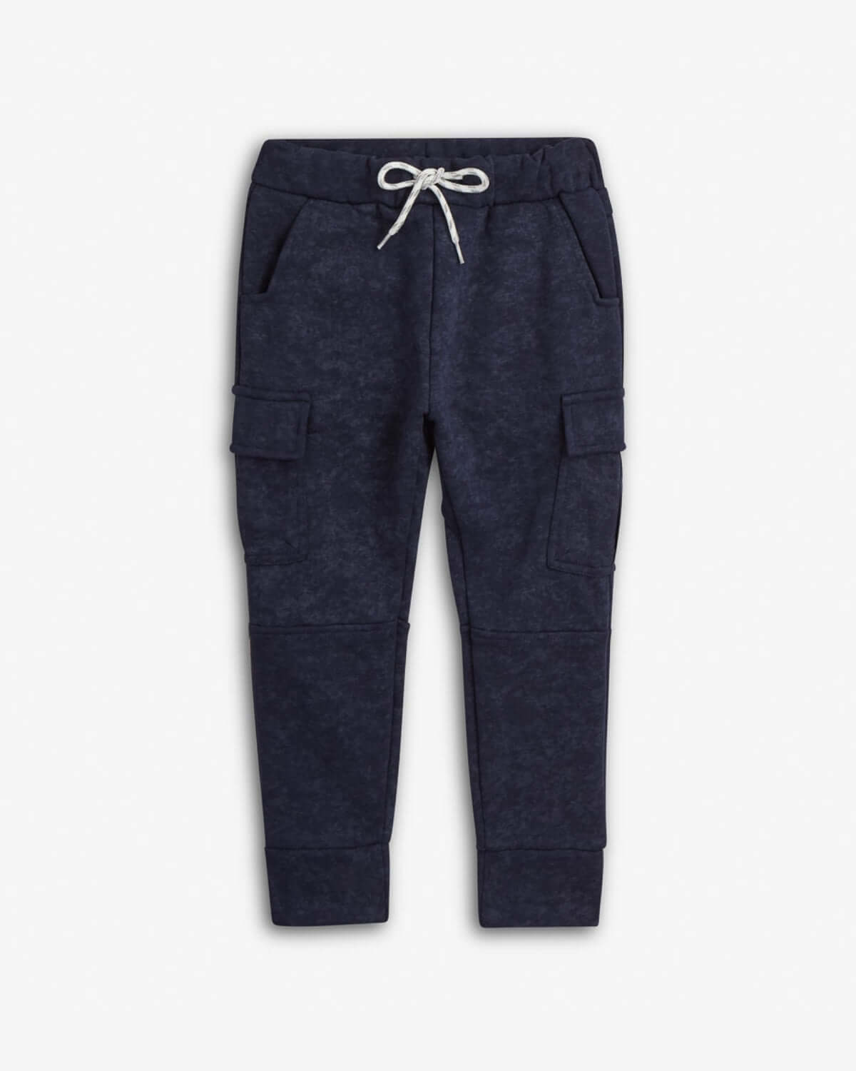 Navy blue cargo jogger pants with a white drawstring on a white background