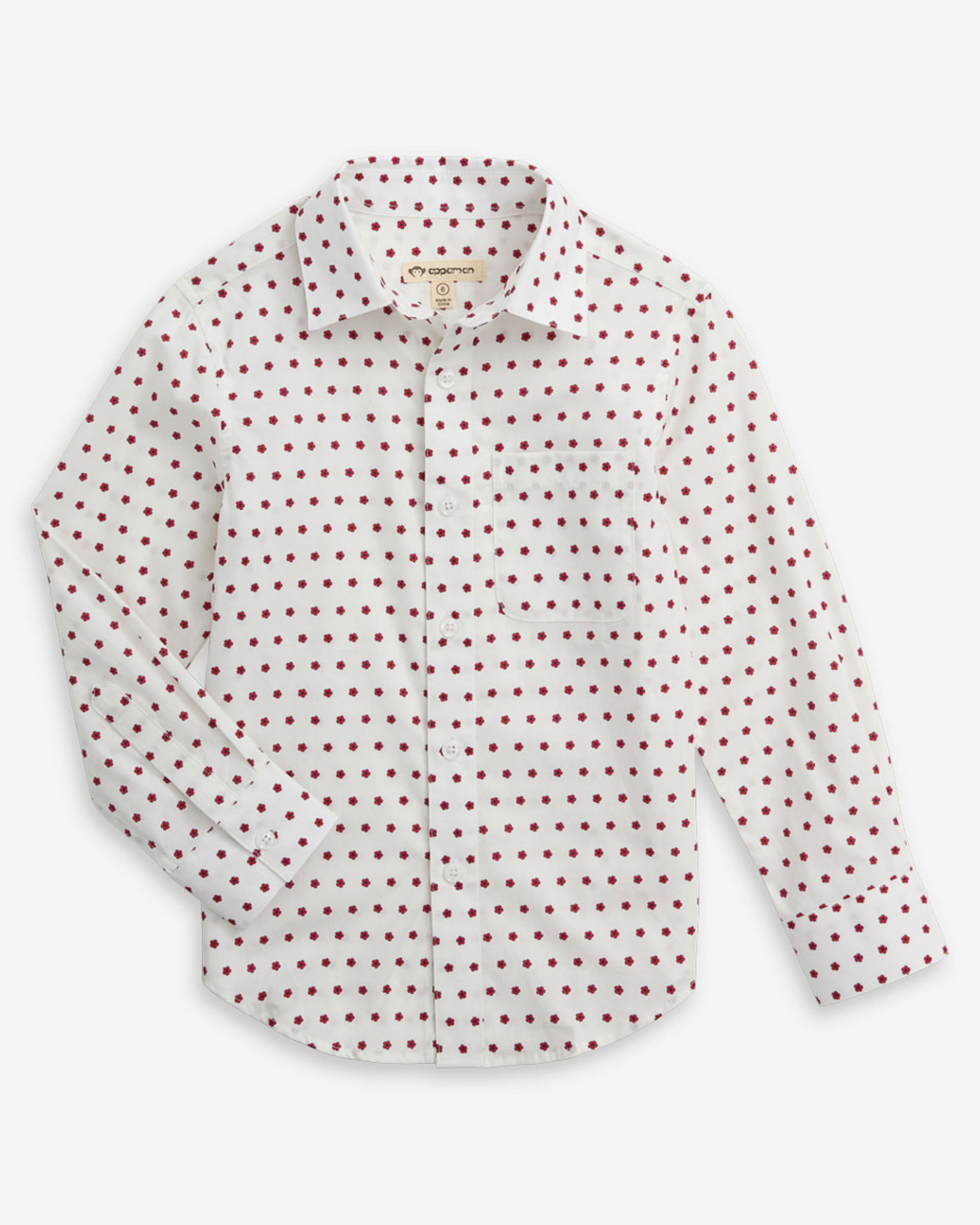 Red Hibiscus Standard Button Down Shirt in white with red polka dots, perfect for summer wear.