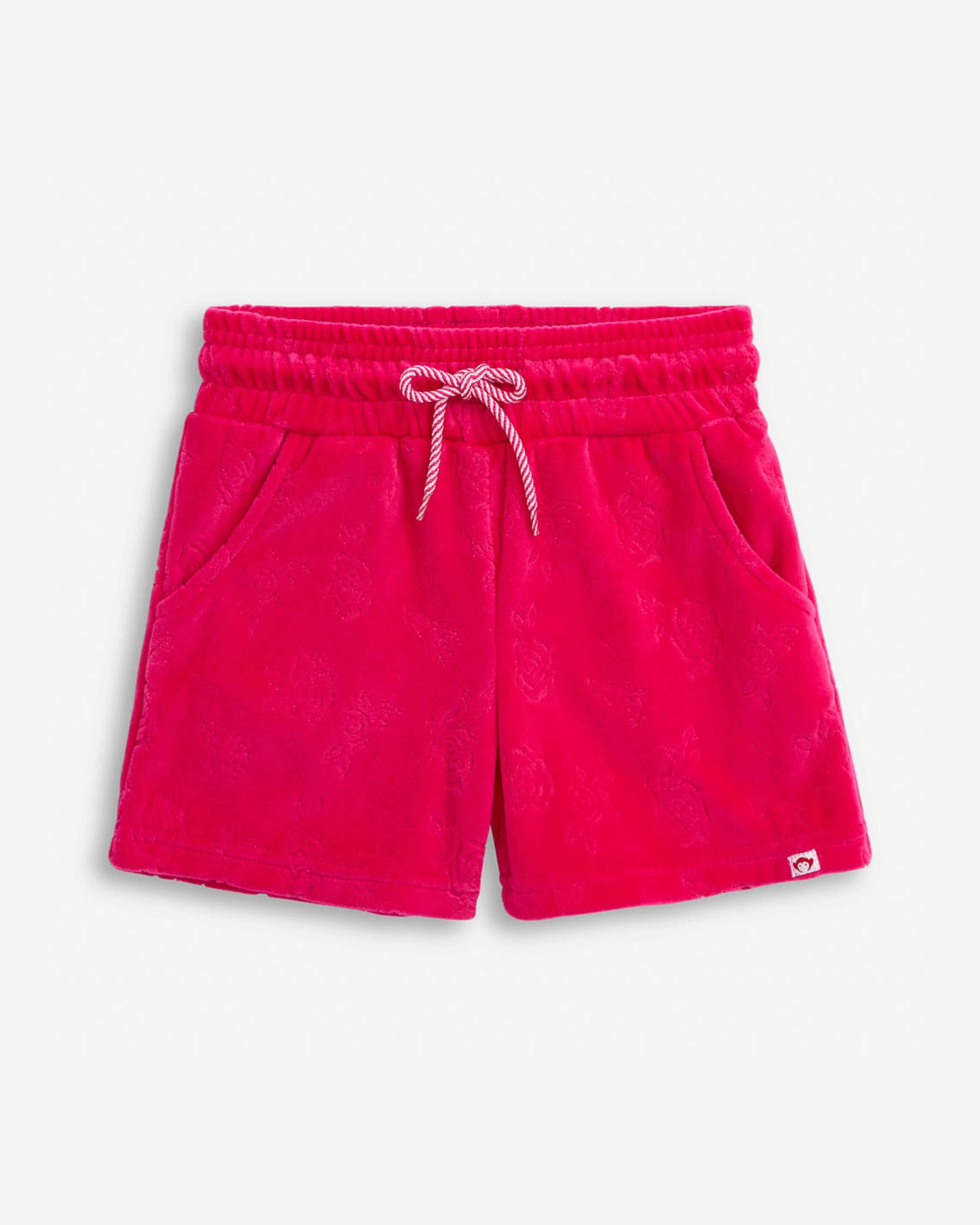 Rose Resort Set - pink kids' shorts featuring textured rose embroidery and adjustable drawstring for stylish comfort.