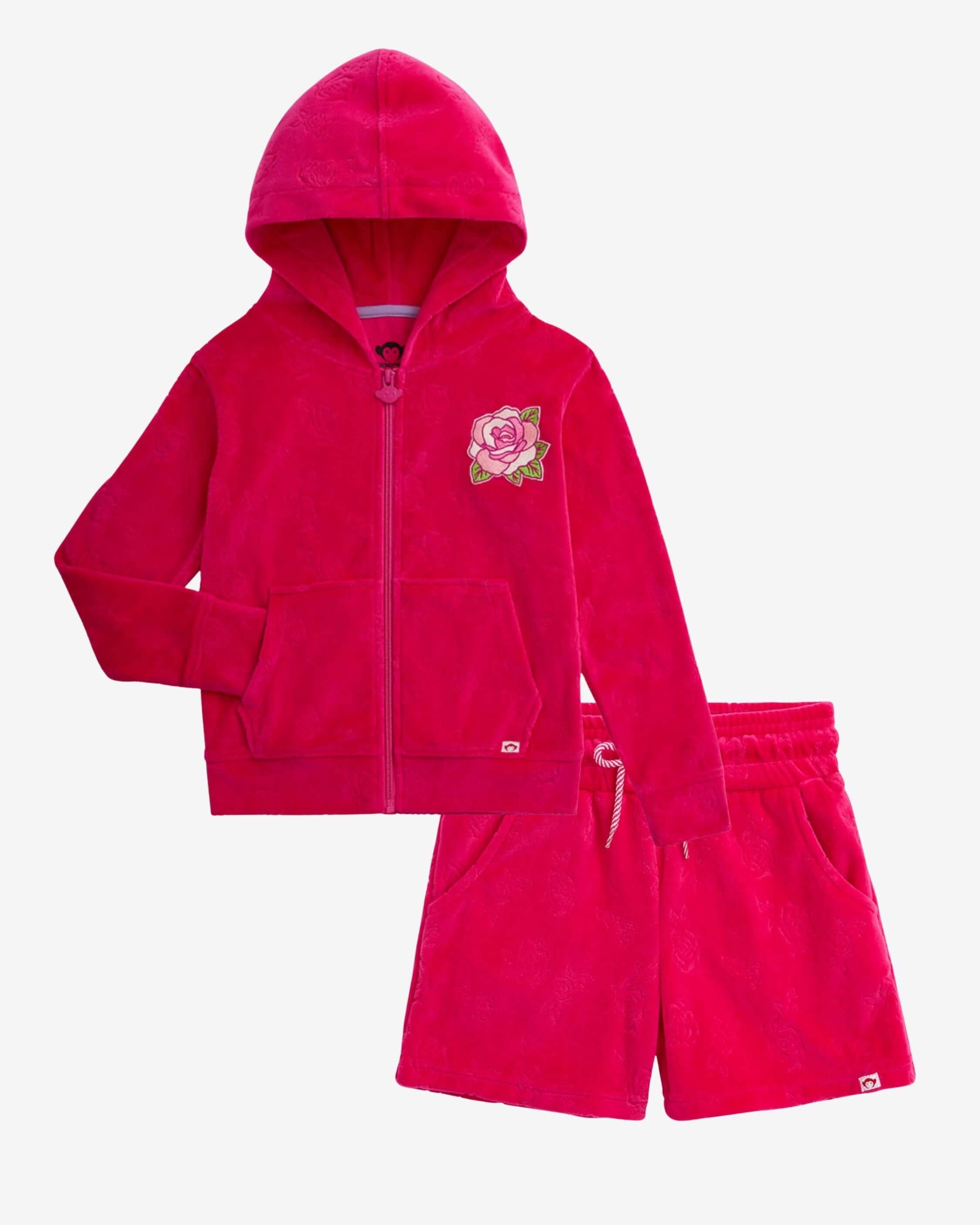 Rose Resort Set, high quality kids' clothing featuring a pink hoodie and shorts with rose embroidery.