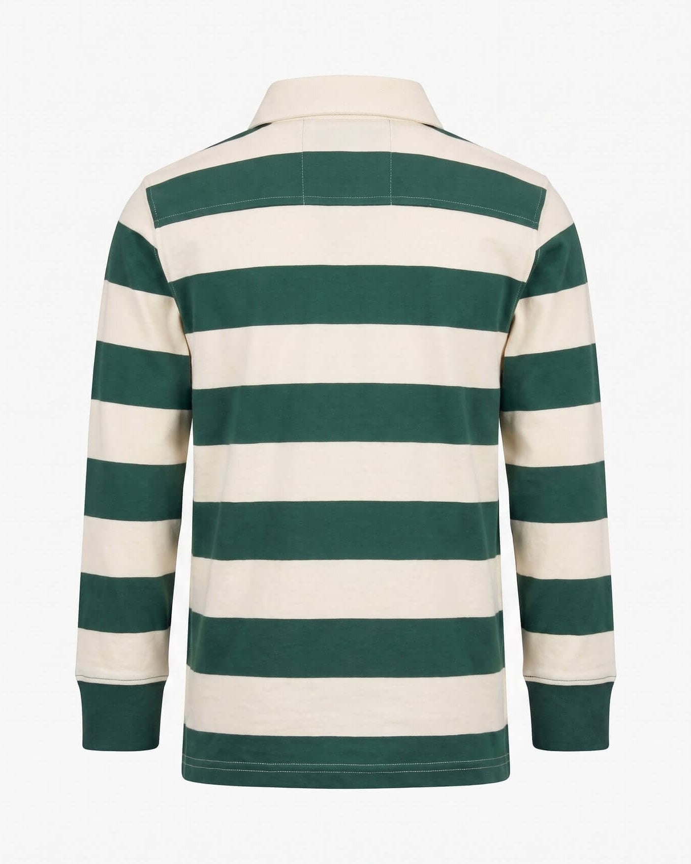 Green and white striped long-sleeve polo shirt on a white background