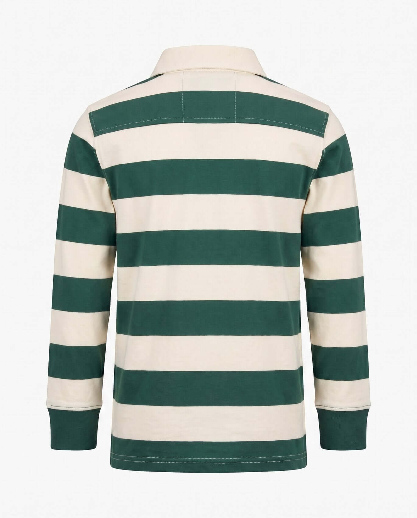 Green and white striped long-sleeve polo shirt on a white background