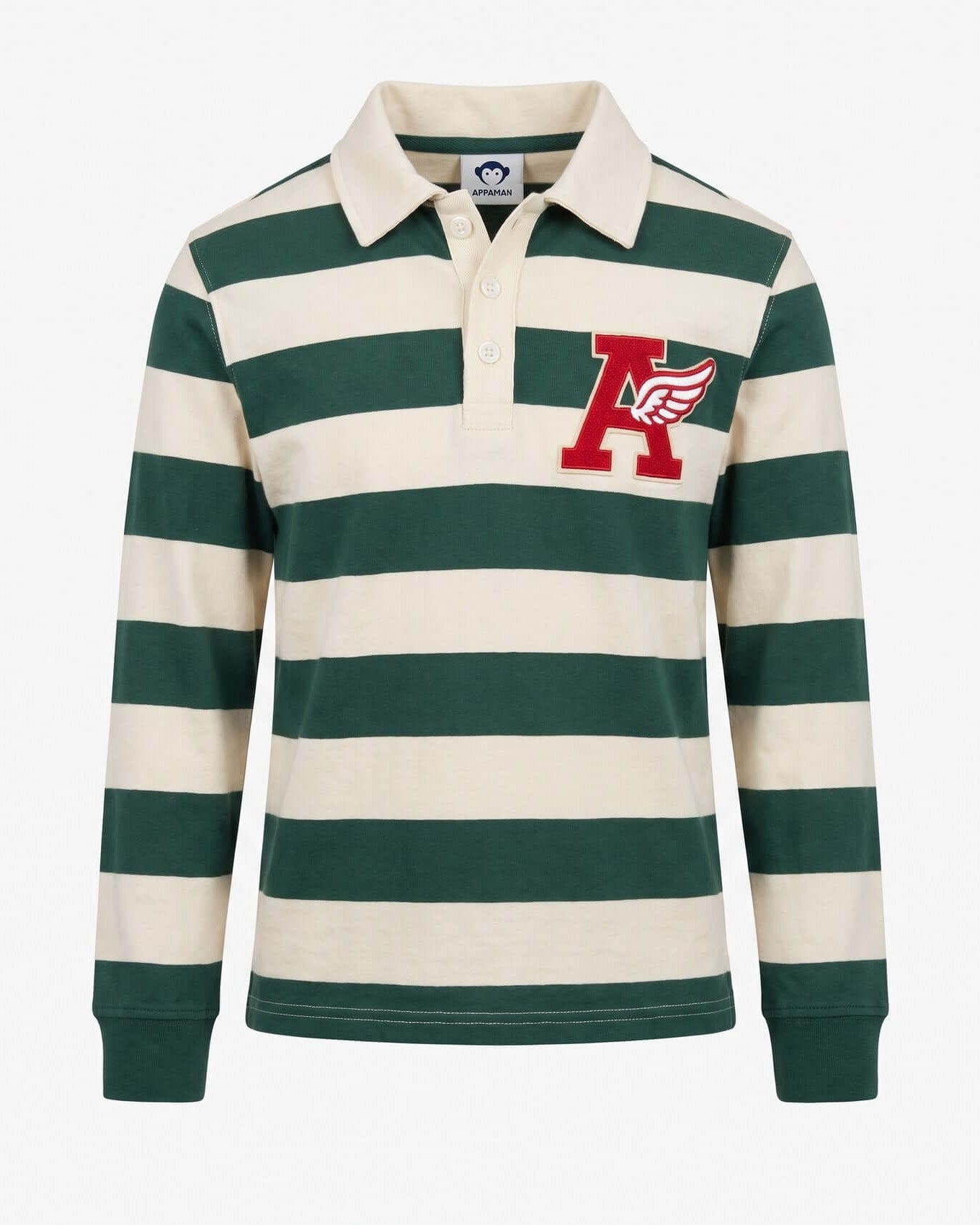 Green and white striped rugby shirt with a logo on a white background