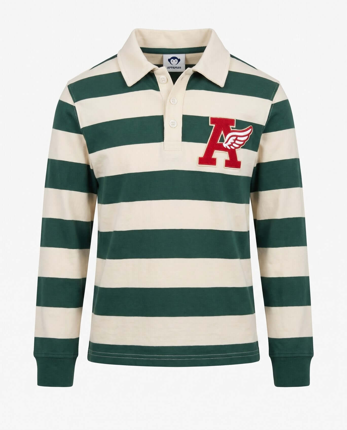 Green and white striped rugby shirt with a logo on a white background