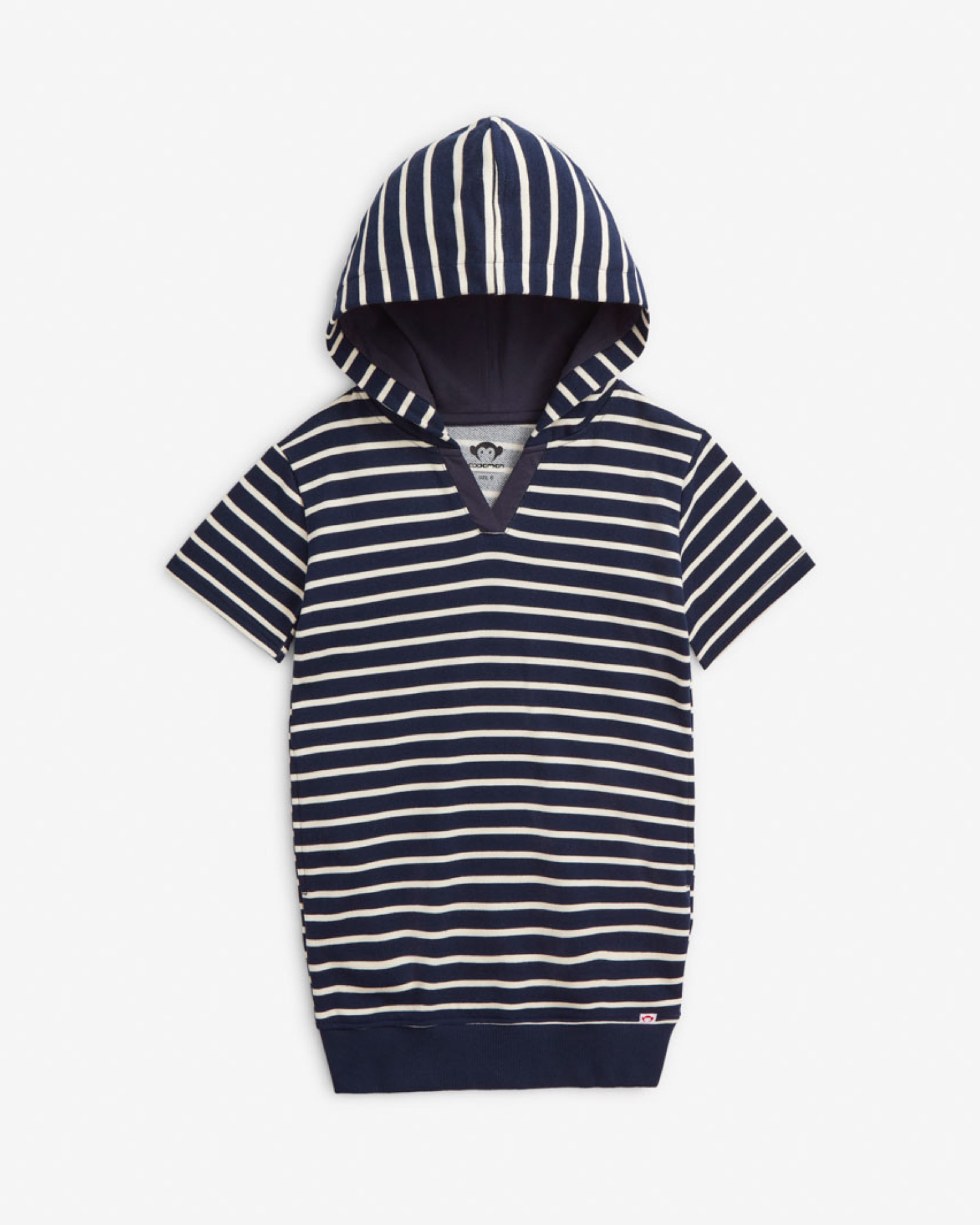 Navy Stripes Hoodie Dress featuring short sleeves and a soft hood with an allover stripe pattern.