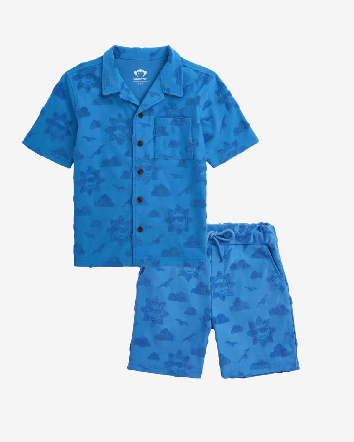 Blue camouflage shirt and shorts set on a white background