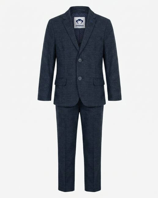 Navy blue suit with a white label on a light gray background