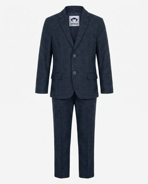 Shadow Prince of Wales Stretchy Mod Suit for active boys in dark navy checkered pattern, ideal for play and school.