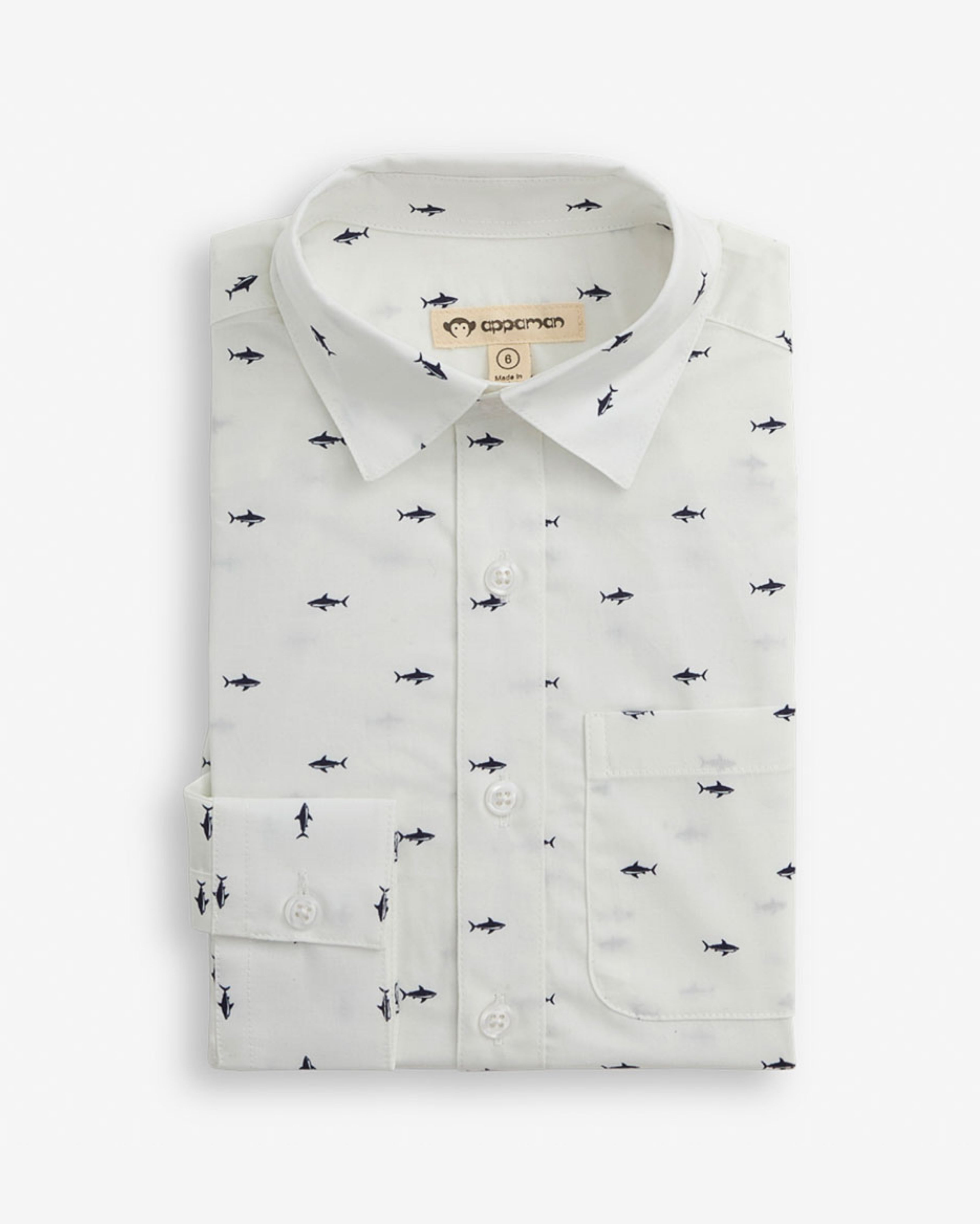 Sharks Standard Button Down Shirt featuring a playful shark print design on a cotton fabric.