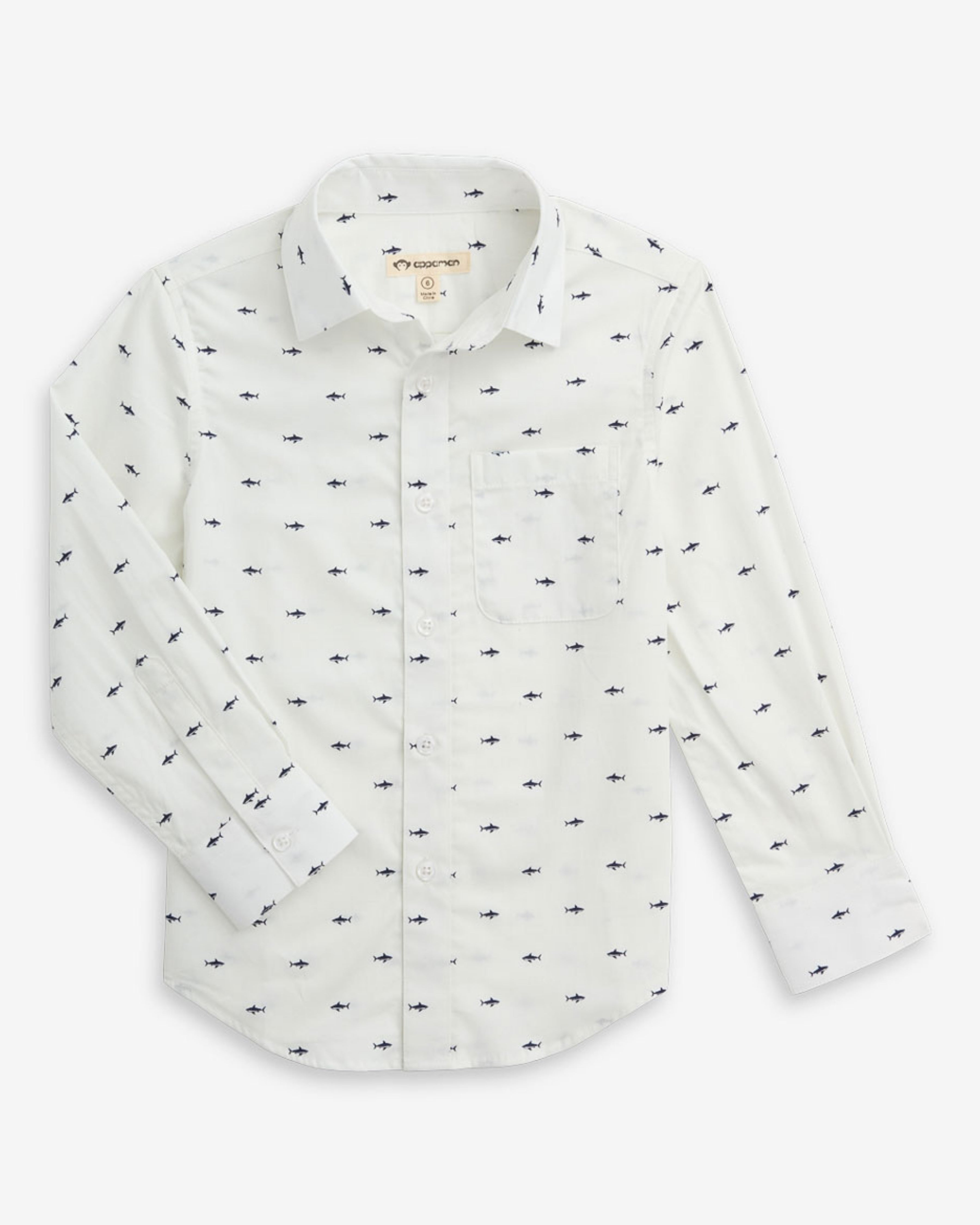 Sharks Standard Button Down Shirt featuring playful shark prints on a breathable cotton fabric.