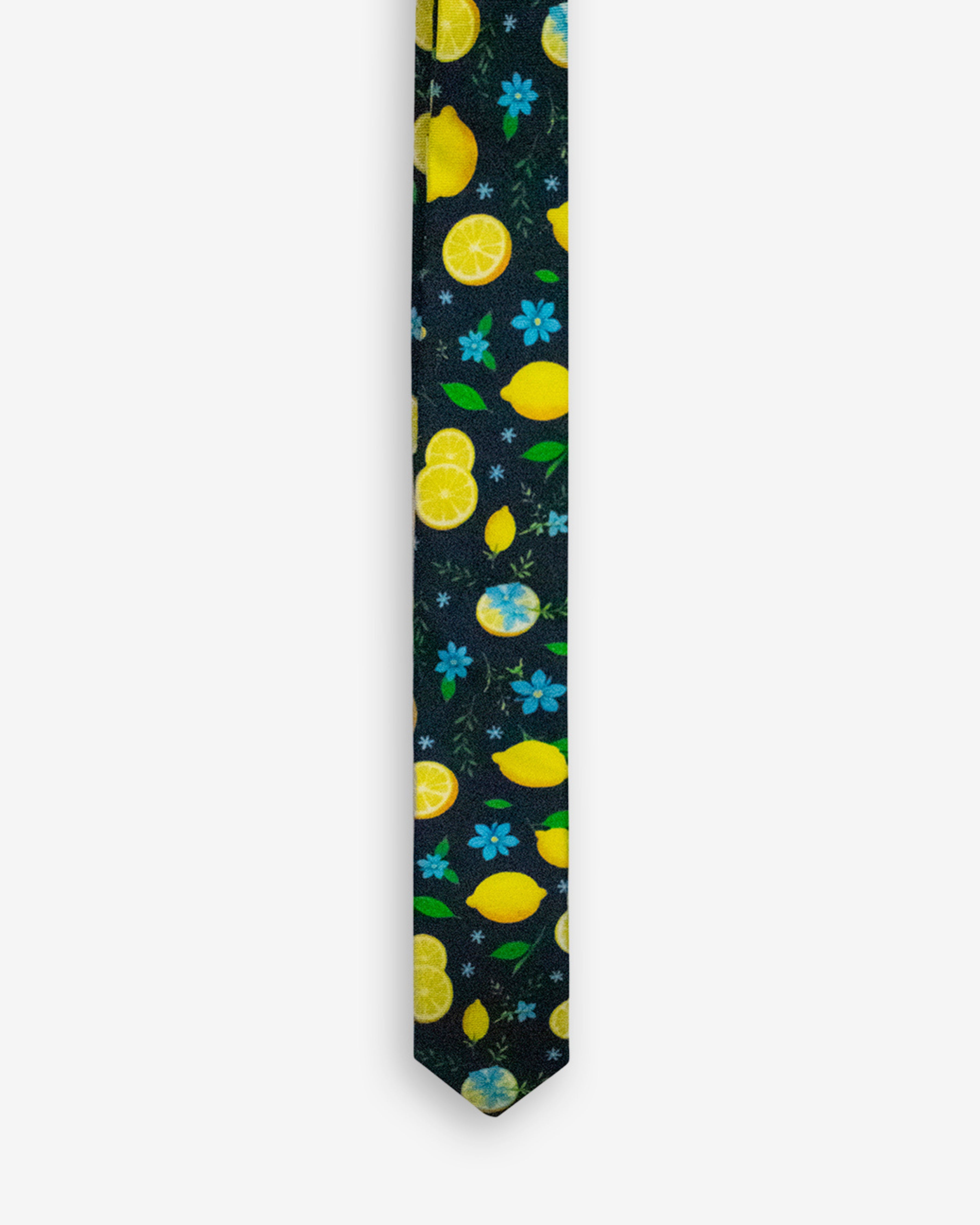 Silk Blue Lemon Zest Tie featuring a vibrant lemon pattern on a dark background, perfect for formal occasions.