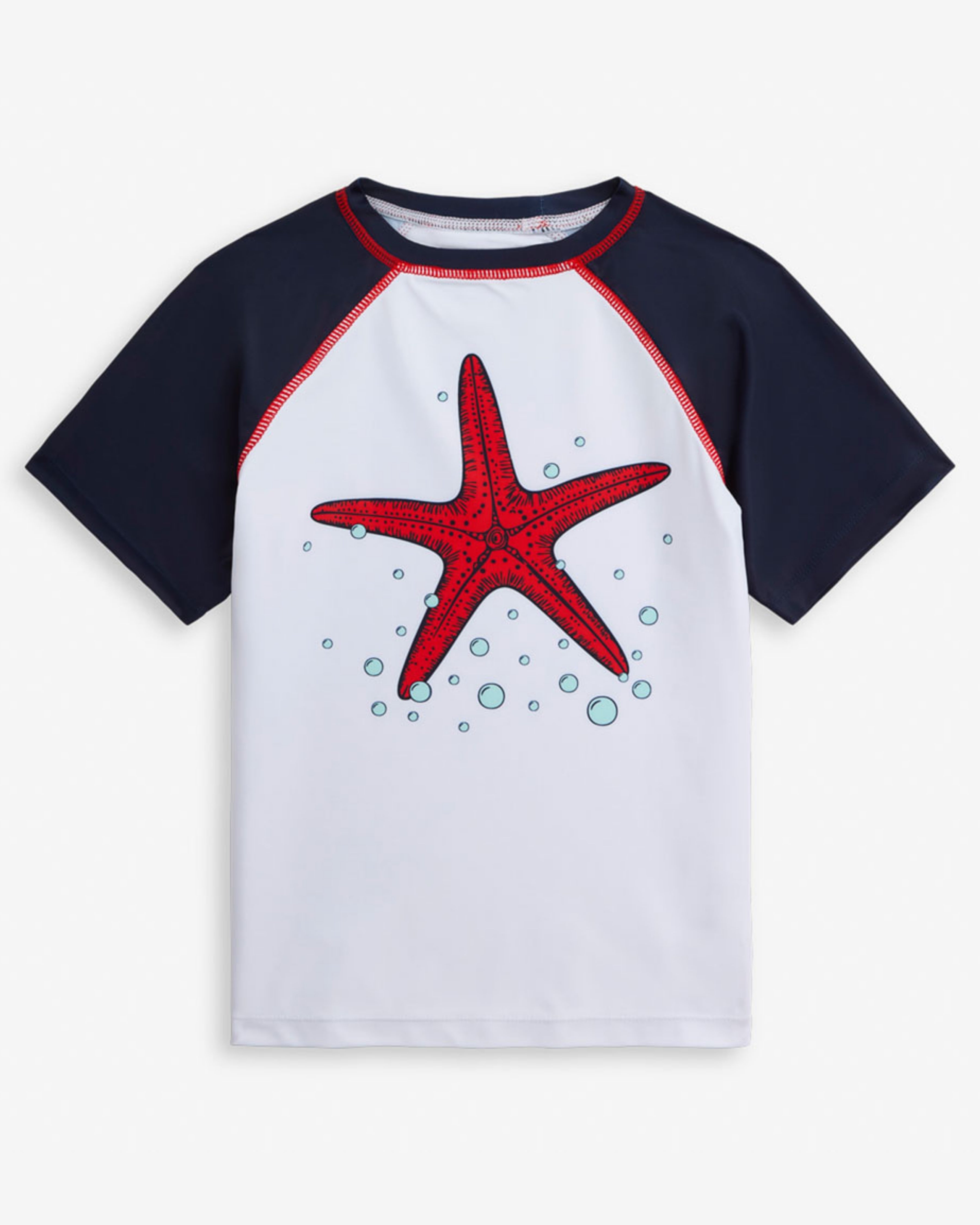 Starfish Rash Guard featuring a red starfish graphic and contrasting sleeves, perfect for beach days and sun protection.