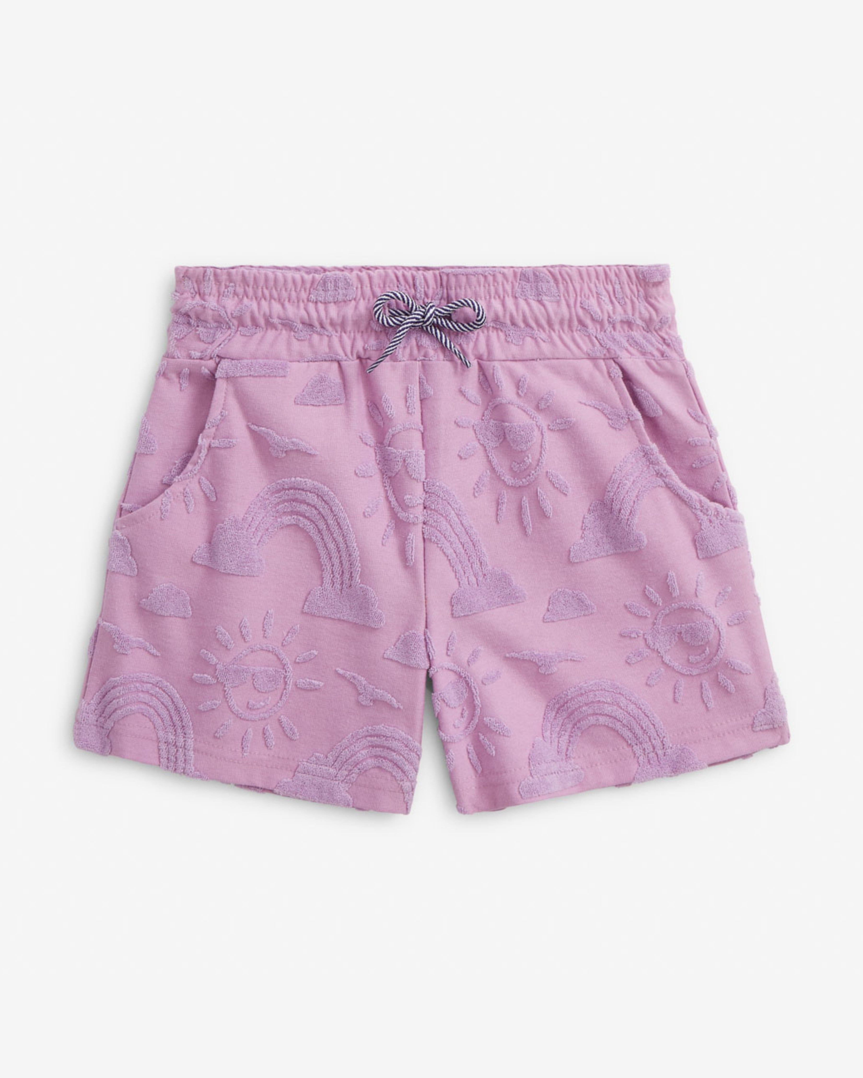 Sunny Days Terry Lilac Resort Short in light lilac with rainbow and sun pattern, perfect for warm weather.