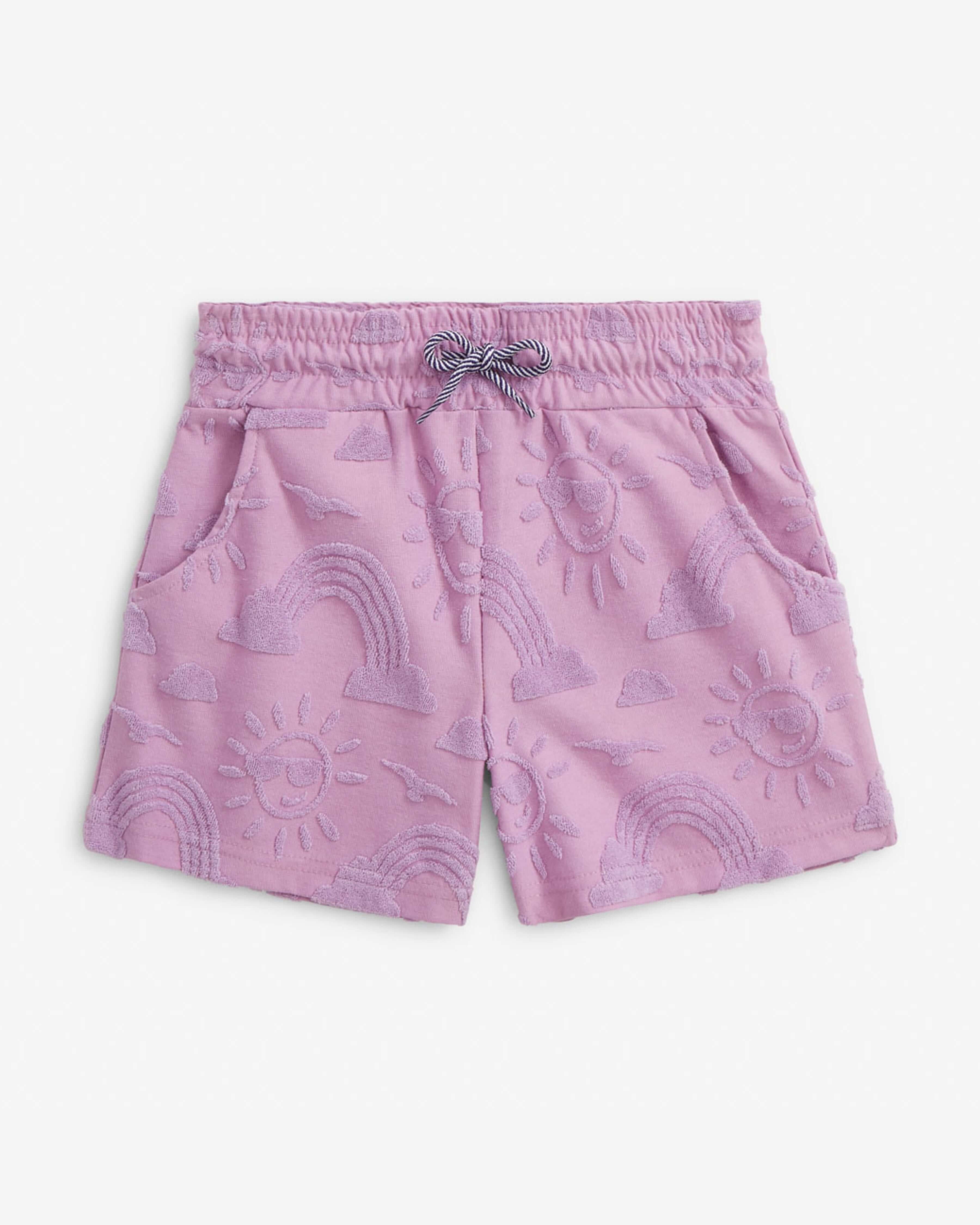 Lilac Resort Set shorts with sun and rainbow print for kids, high quality kids' clothing, perfect for warm weather adventures.