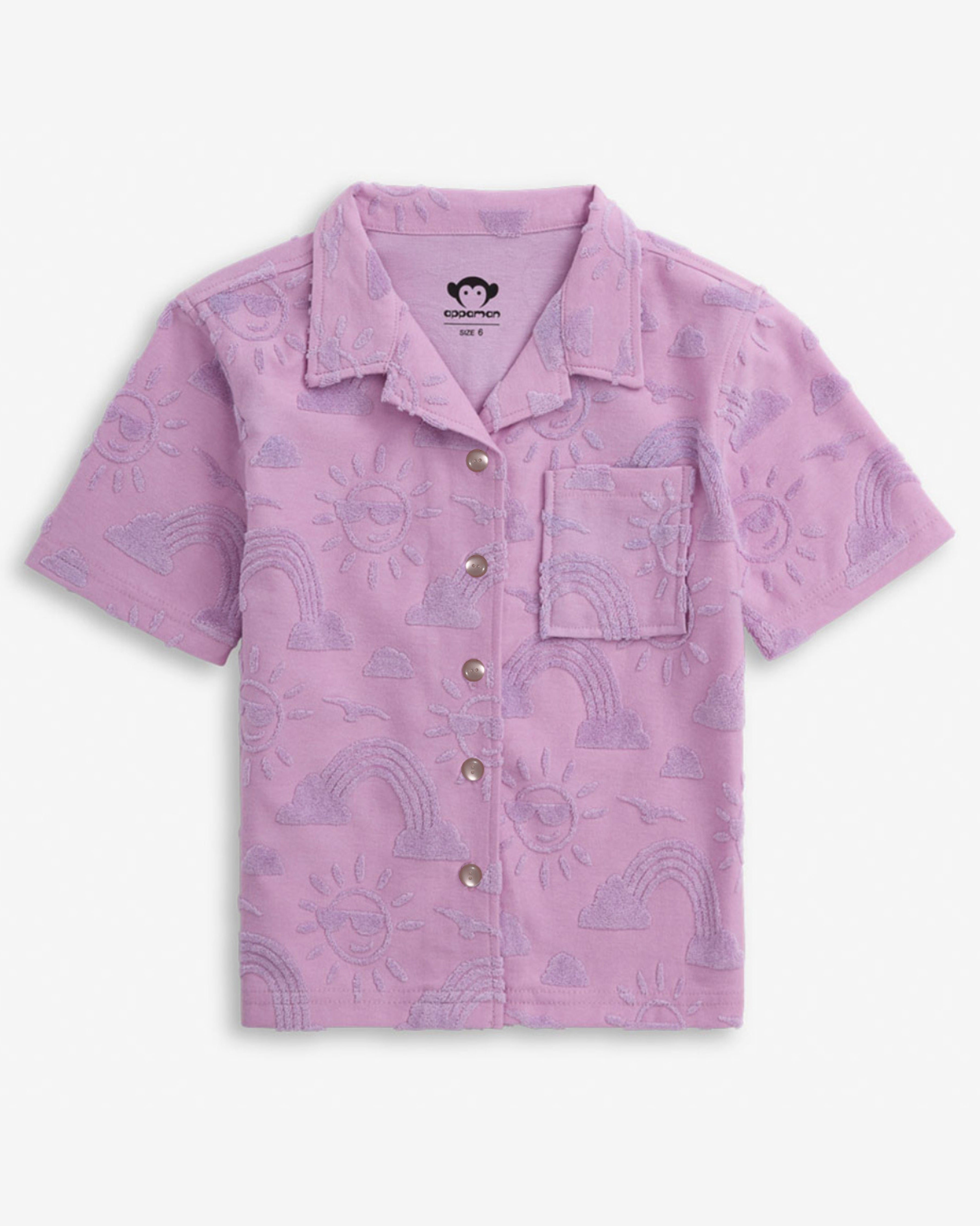 Sunny Days Lilac Resort Shirt with sun and rainbow print, short sleeves and collared neck, perfect for summer wear.