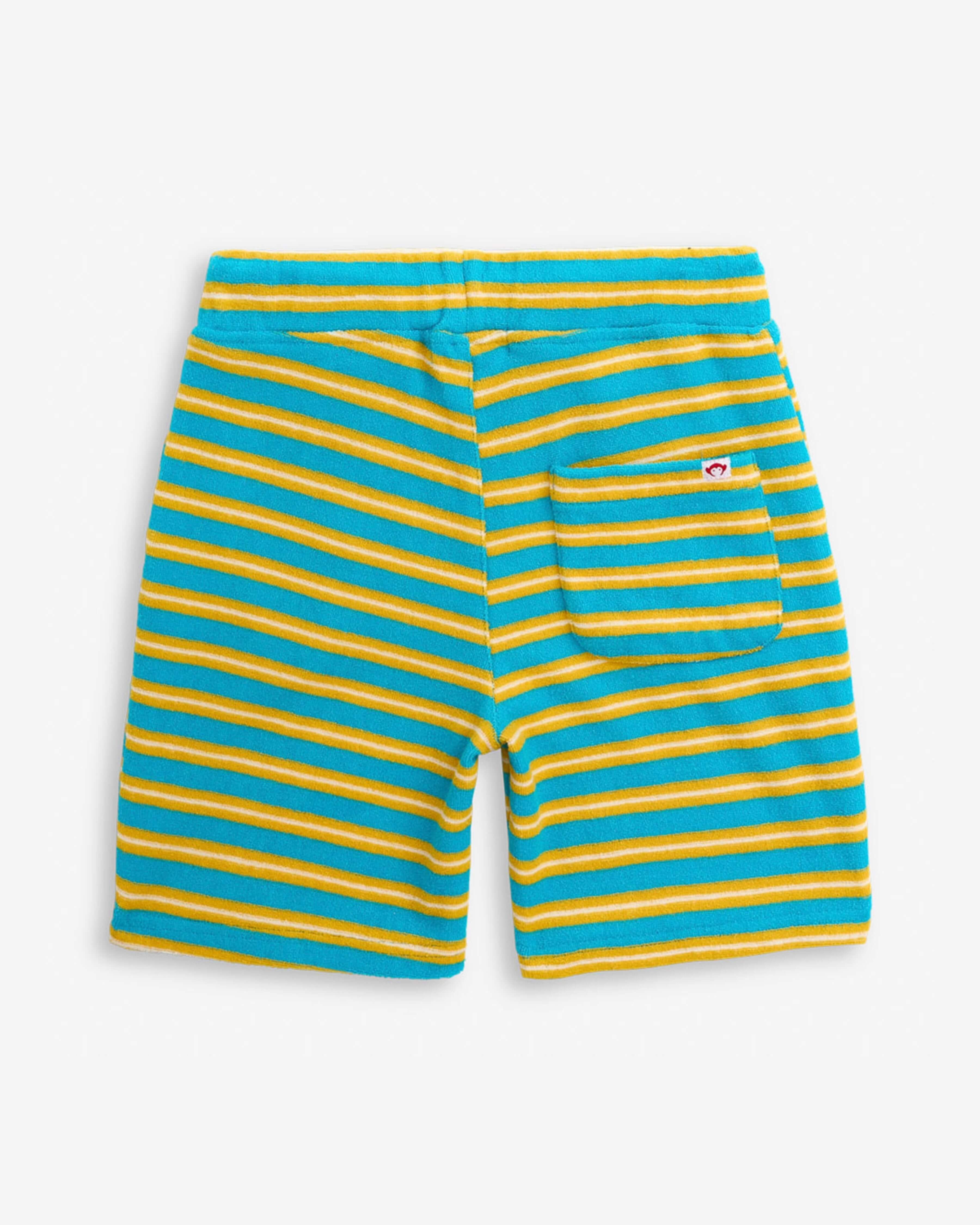 Back view of Sunrise Stripe Preston Short featuring teal and yellow stripes, functional drawstring, and pockets.