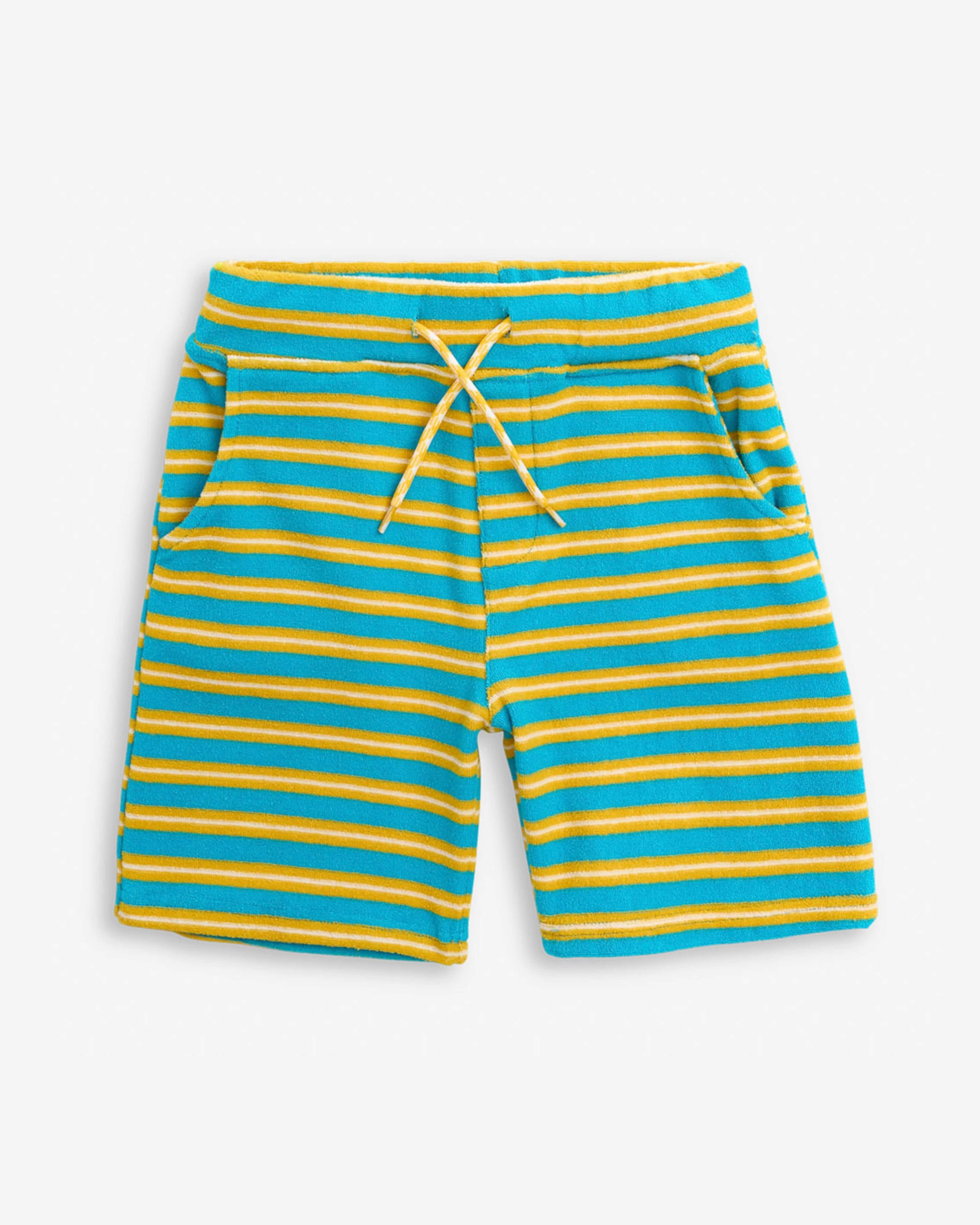 Sunrise Stripe Preston Short featuring teal and yellow stripes, functional drawstring, and front and back pockets.