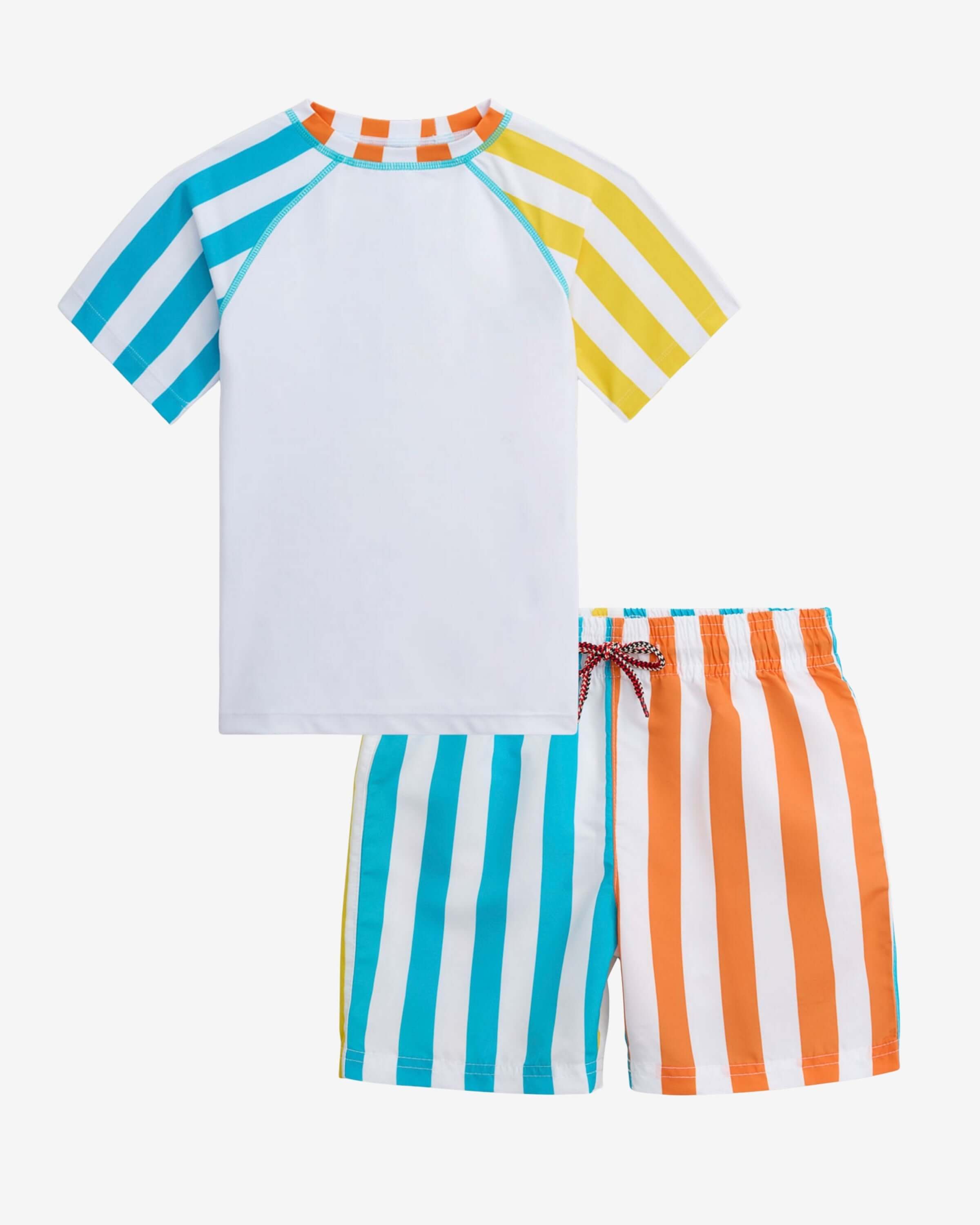 Tropic Stripes Swim Set for kids featuring vibrant striped design, made for beach days and sun protection.