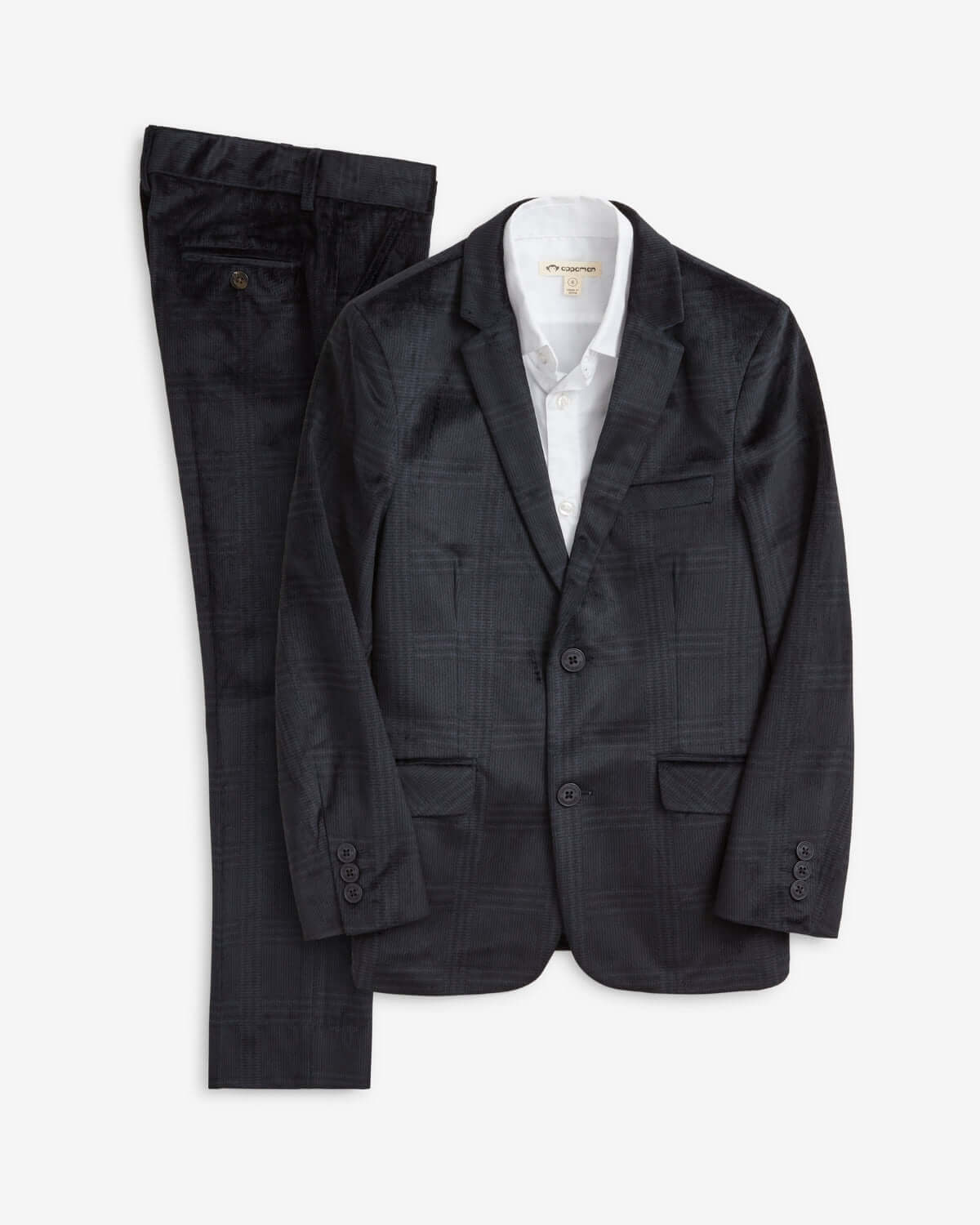 Midnight Velvet Plaid Suit Set displayed with matching blazer and pants in deep midnight tones.