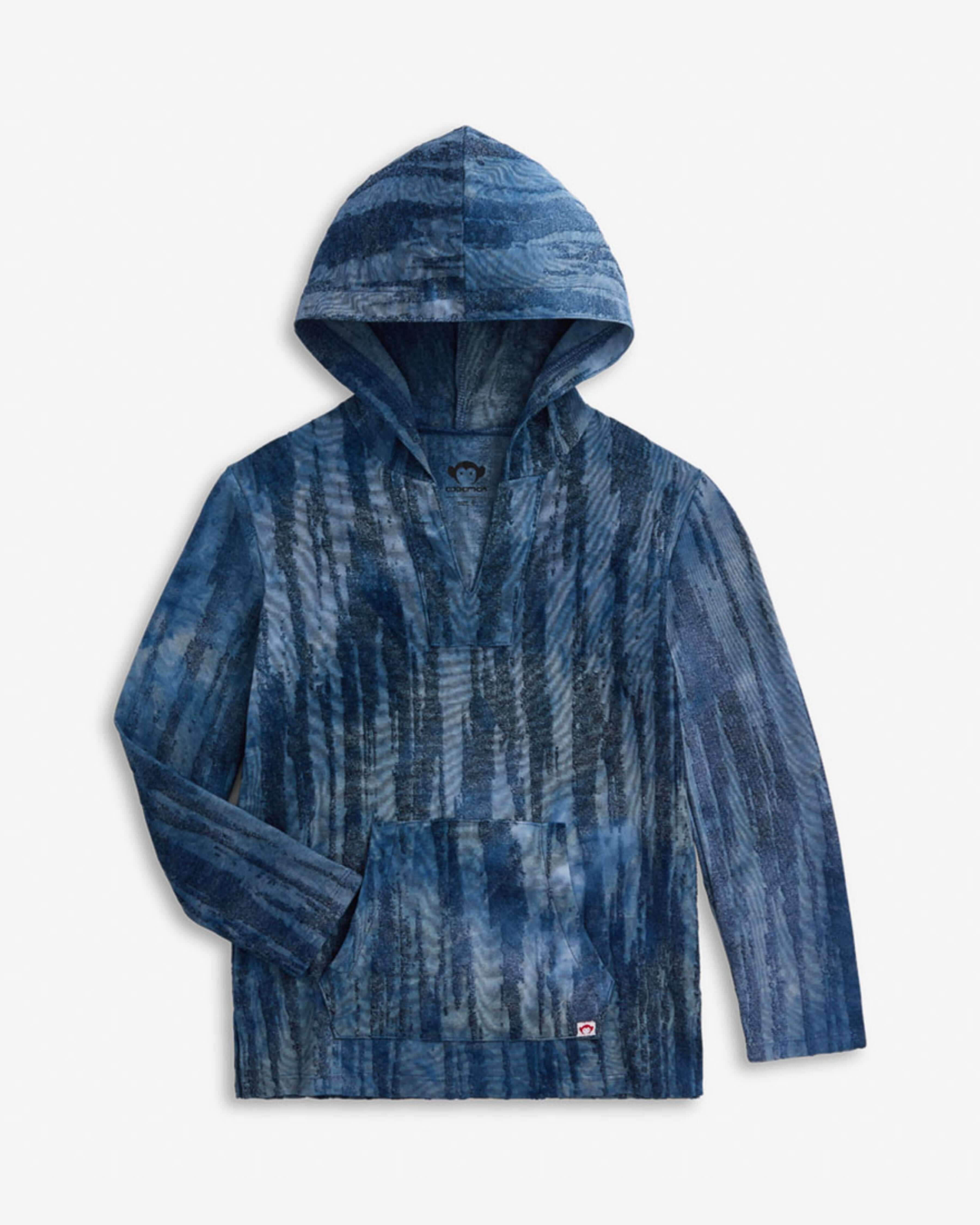 Waterfall Terry Baja Pullover in a unique blue tie dye pattern with hood and pockets.