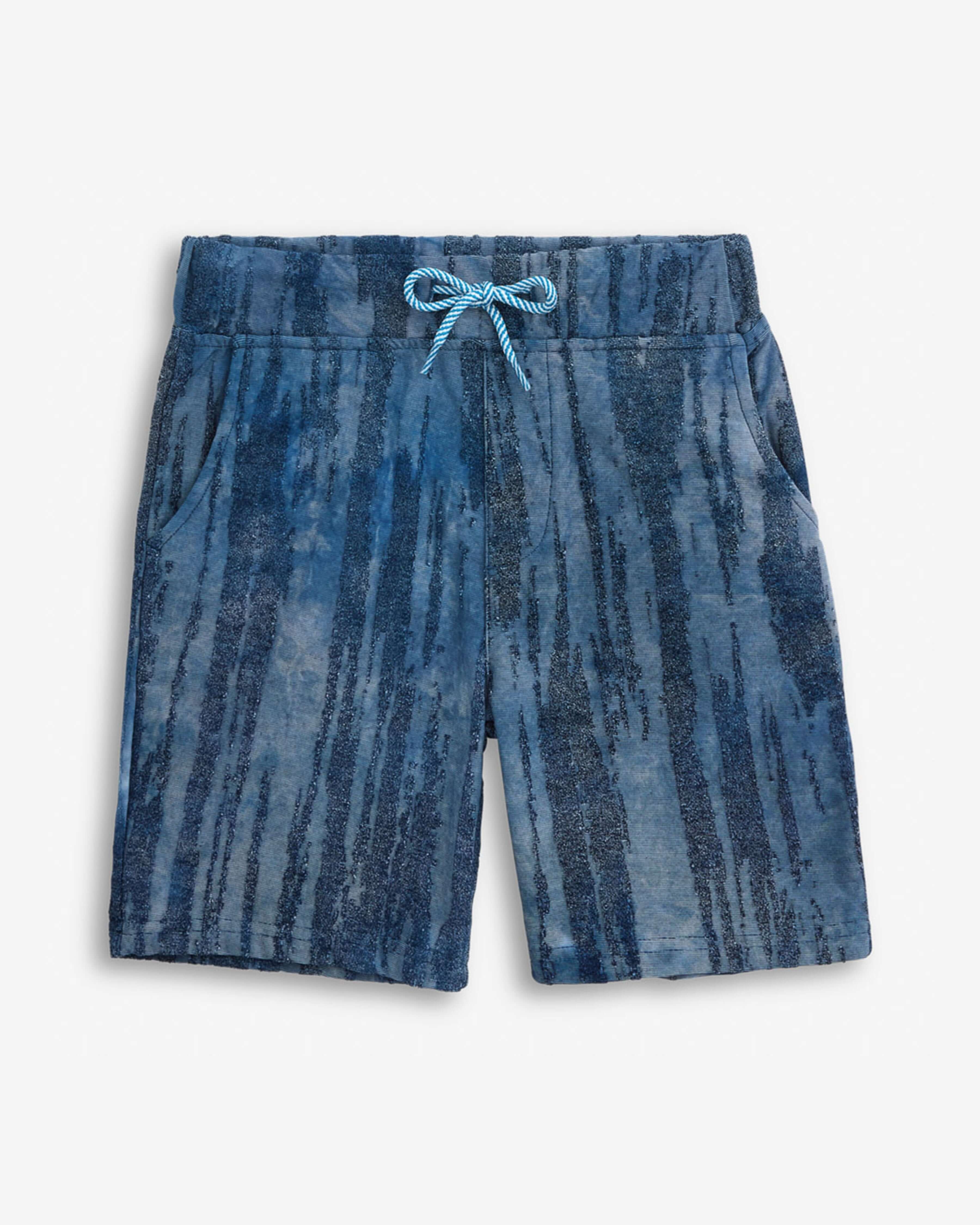 Waterfall Preston Short in blue tie dye with functional drawstring and pockets, perfect for sunny days.