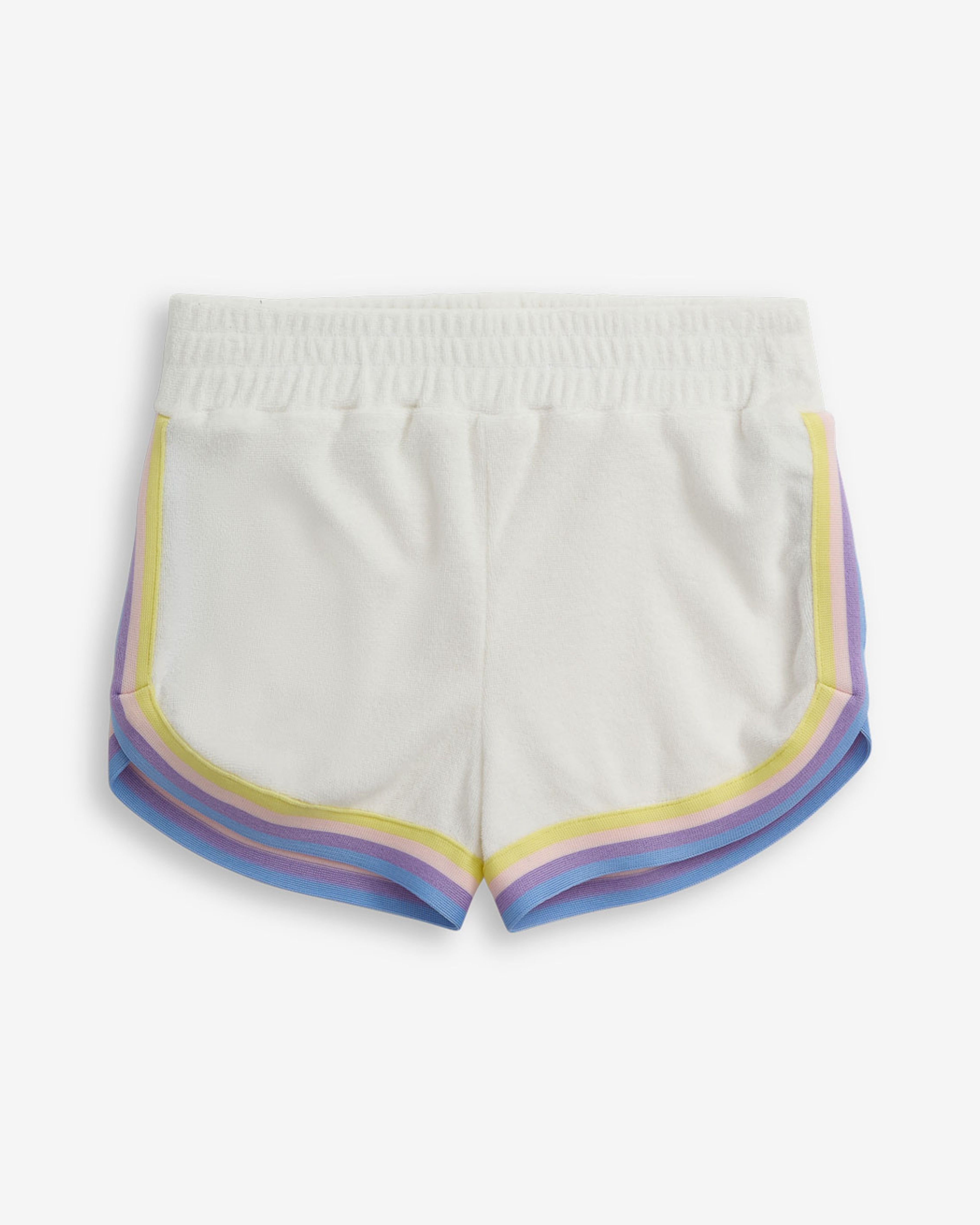 Back view of White Terry Lori Short featuring multicolor striped trim and elastic waistband.