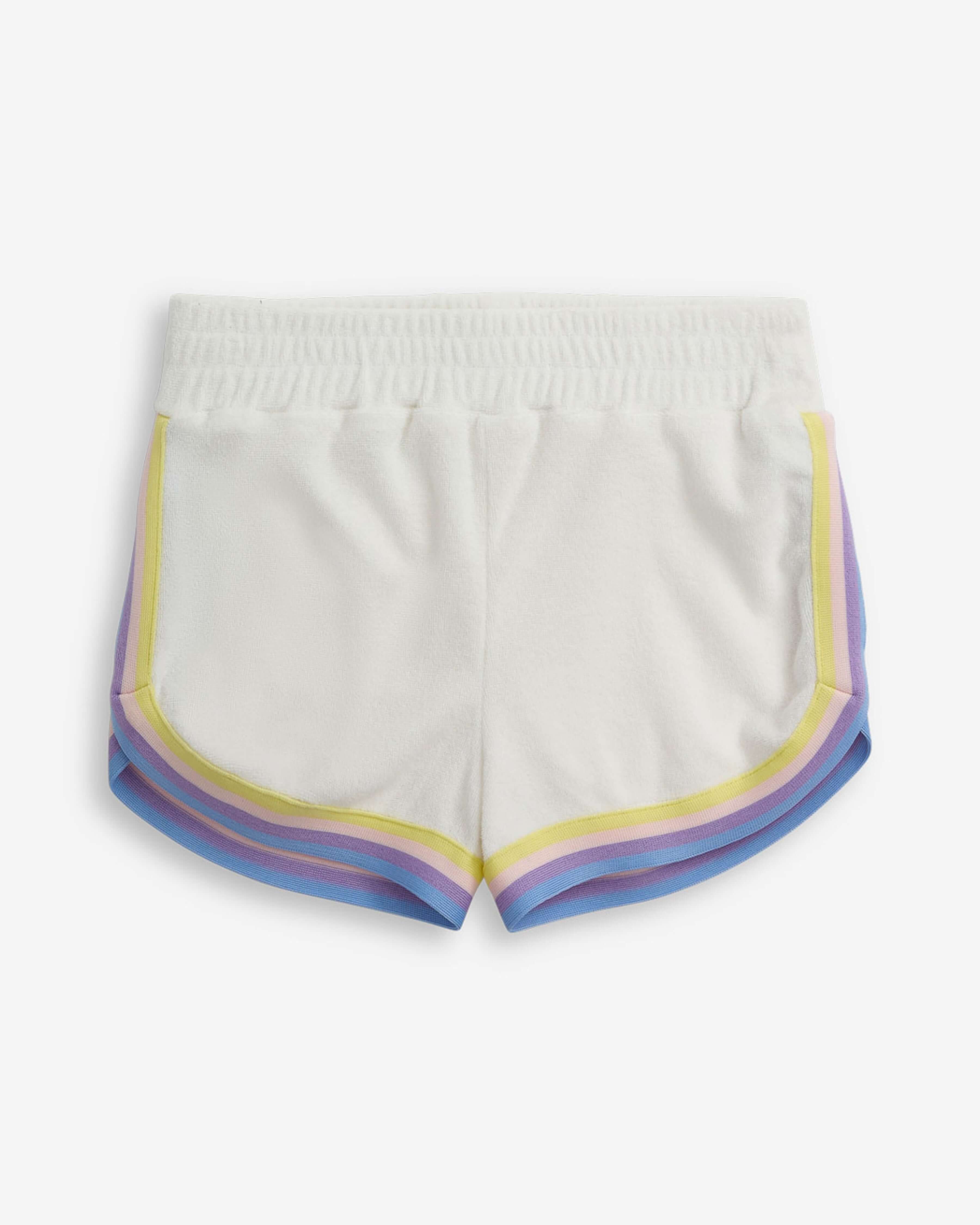 Back view of White Terry Lori Short featuring multicolor striped trim and elastic waistband.