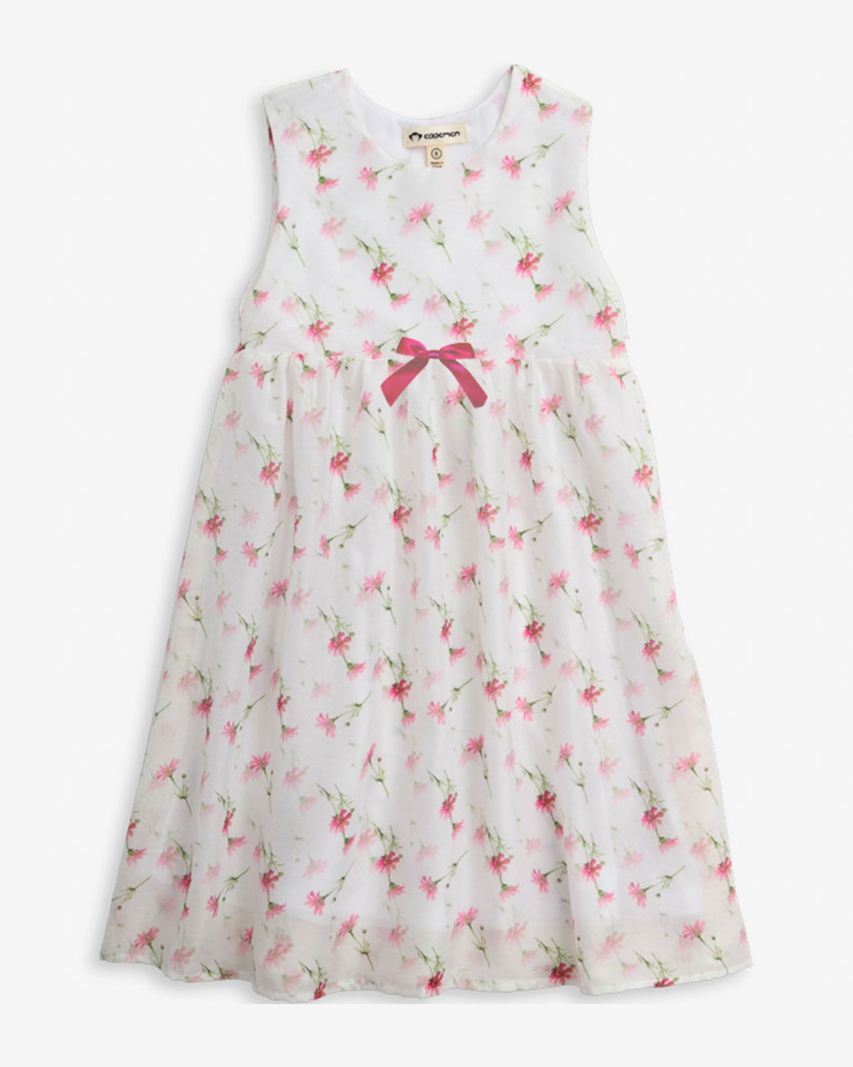 Image of White Rose Empire Dress featuring floral print and a front bow, perfect for sunny days.