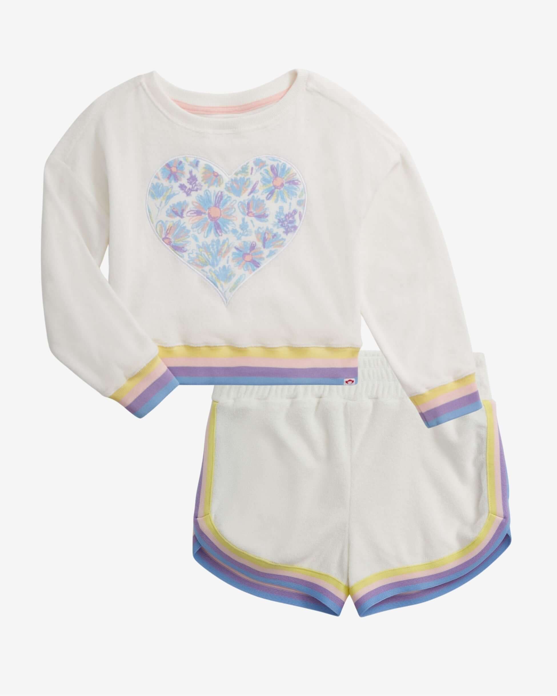 White Terry Set featuring a floral heart sweatshirt and matching shorts, perfect high quality kids' clothing for sunny days.