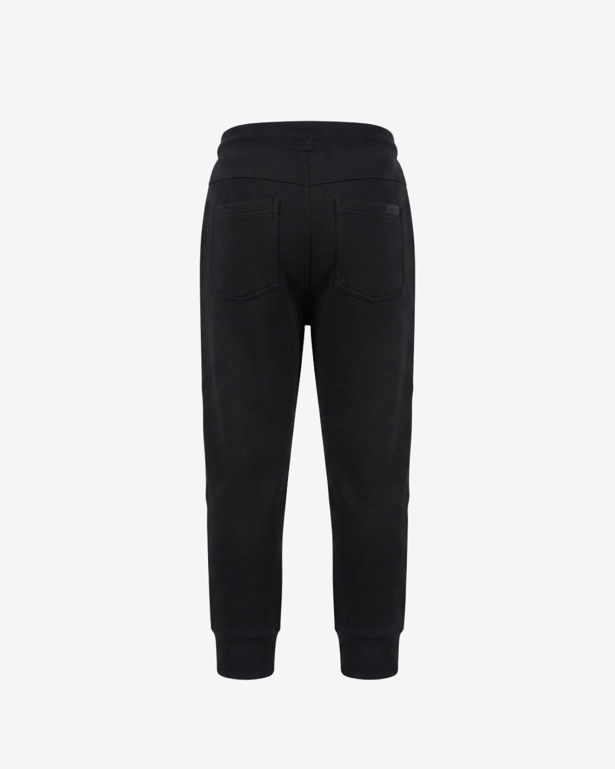 Black sweatpants shown from the back, featuring a high elastic waistband, two back patch pockets, and ribbed ankle cuffs, displayed on a clean white background.