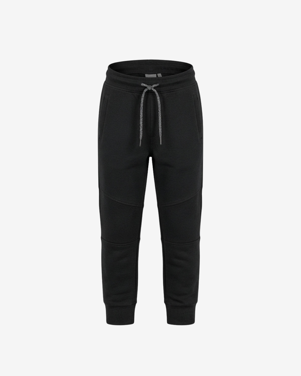 Black sweatpants with a gray drawstring, shown against a plain light gray background.