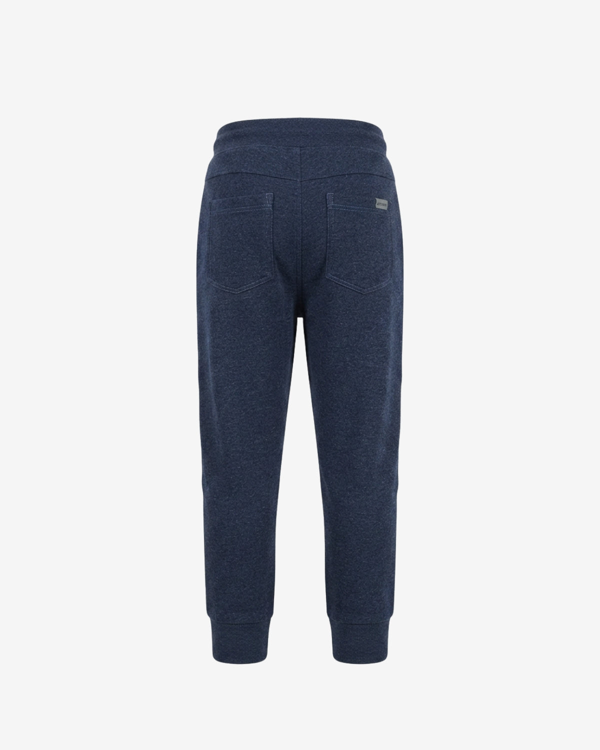 Back view of dark navy blue sweatpants with a ribbed waistband, cuffs, and back pockets, shown on a light gray background.