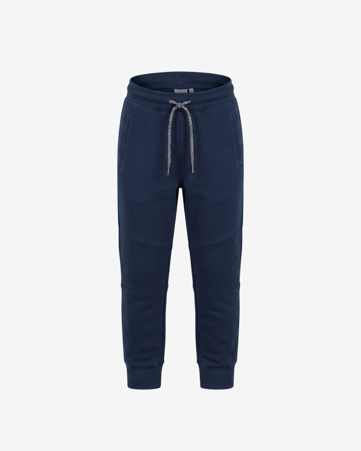A pair of navy blue sweatpants with a gray drawstring, shown against a plain light gray background.