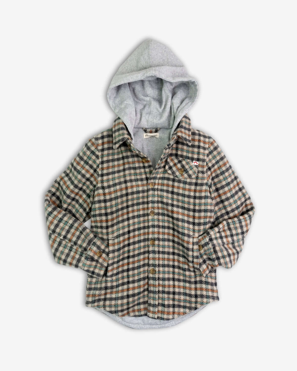 Beige Check Glen Flannel Hoodie with grey hoodie and front pockets for casual comfort.