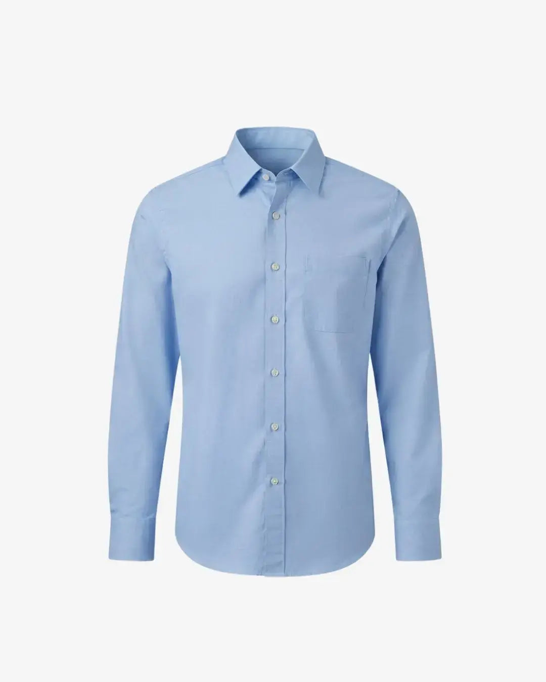 A light blue long-sleeve button-down shirt with a classic collar and a single chest pocket, displayed on a clean, light gray background.