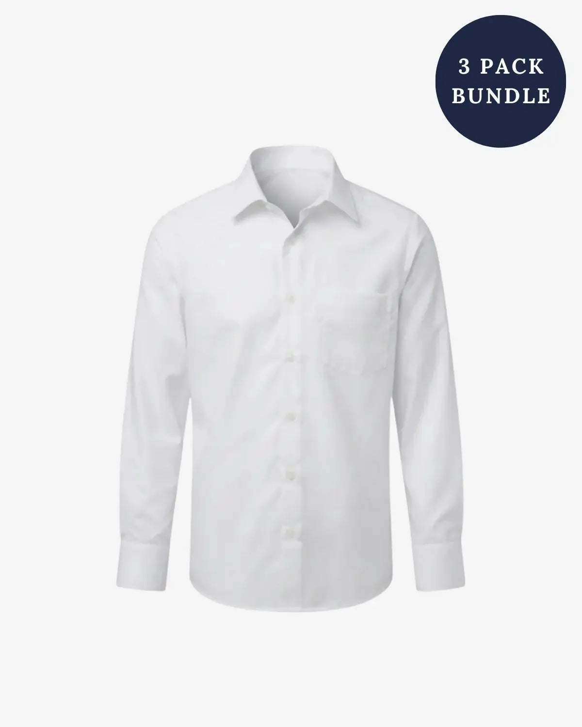 A white long-sleeve button-up dress shirt shown on a light gray background, with a dark blue circular badge in the top right that reads '5 PACK BUNDLE'.