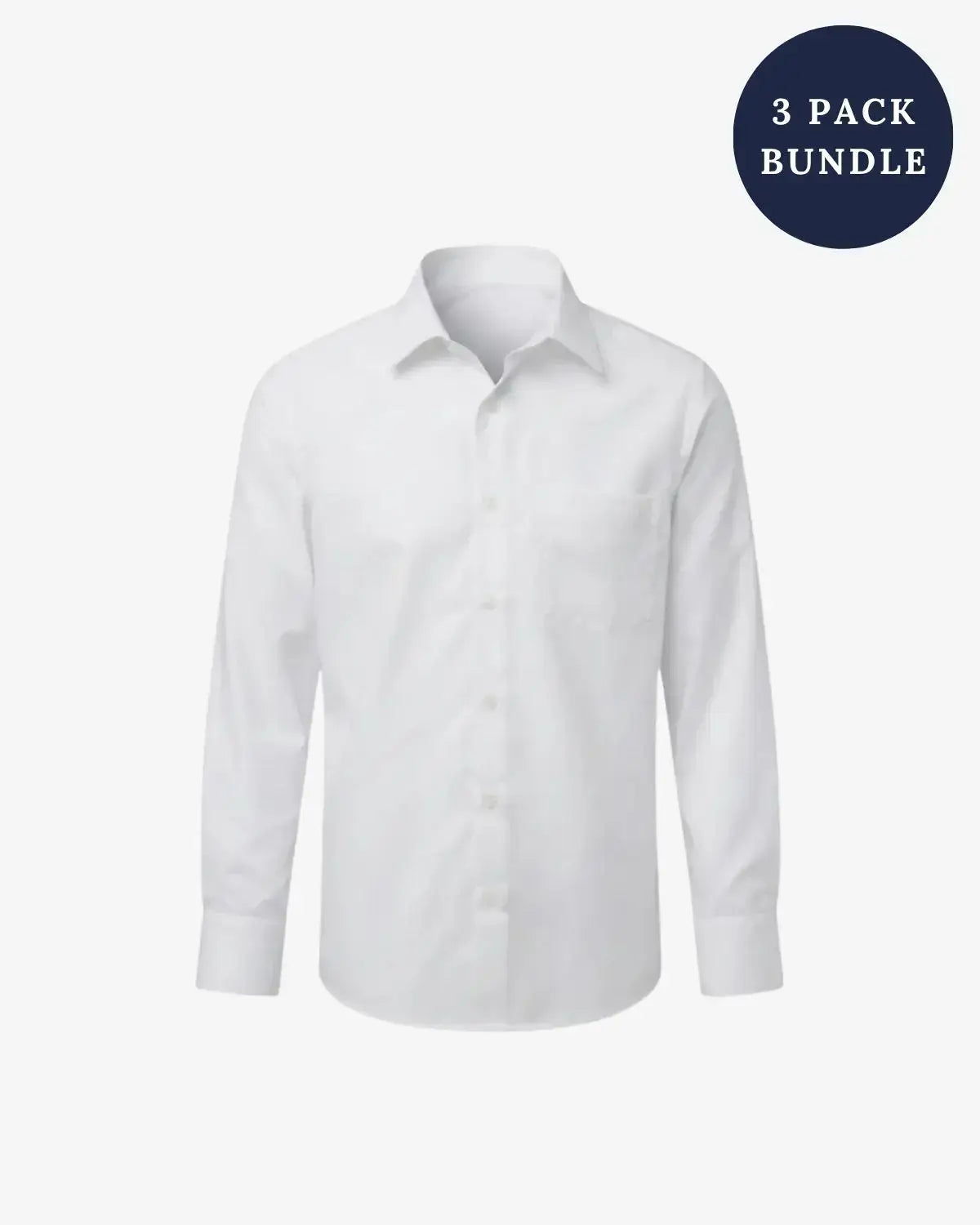 A white long-sleeve button-up dress shirt shown on a light gray background, with a dark blue circular badge in the top right that reads '5 PACK BUNDLE'.