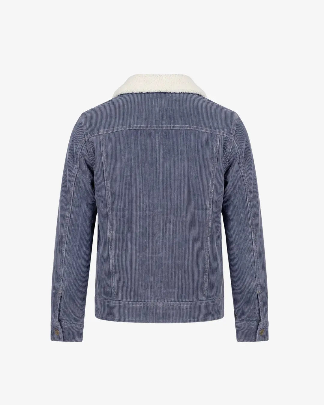 A blue corduroy jacket with a white shearling-style collar, shown from the back against a light gray background.