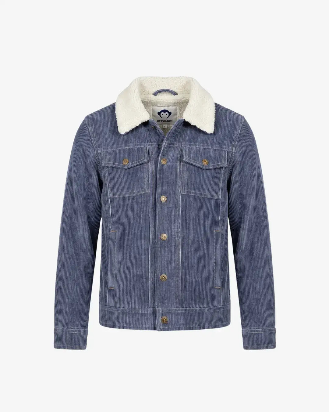 A blue denim jacket with a cream-colored sherpa collar, featuring a button-up front and two chest pockets, displayed on a clean white background.