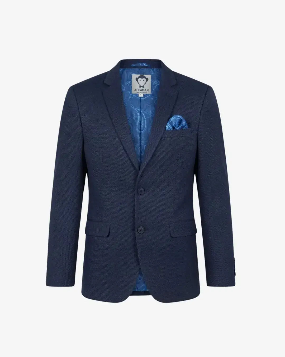 A navy blue textured blazer with a blue paisley patterned lining and matching pocket square, displayed on a clean white background.