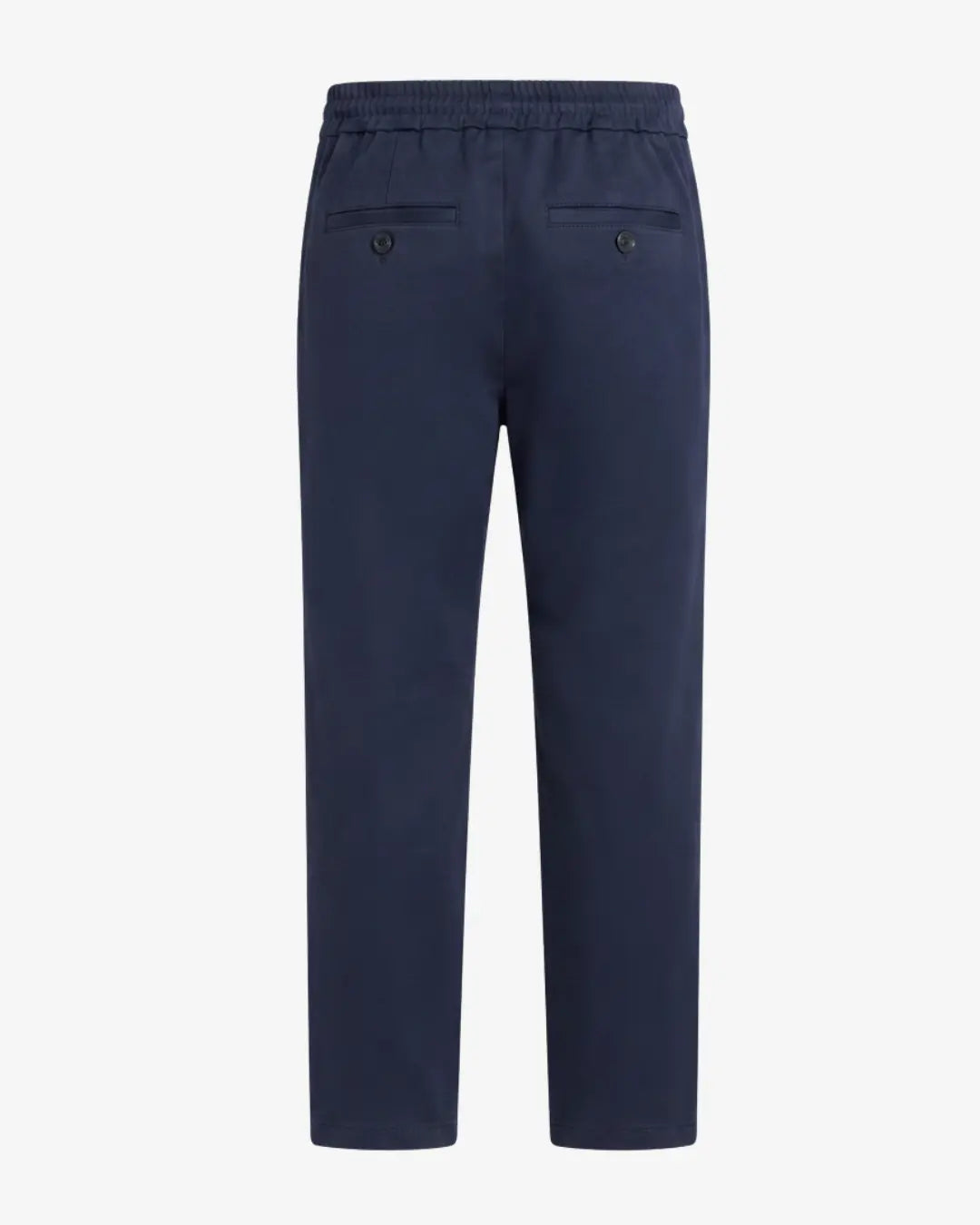 A pair of navy blue trousers shown from the back, featuring an elastic waistband and two buttoned welt pockets, set against a plain light gray background.