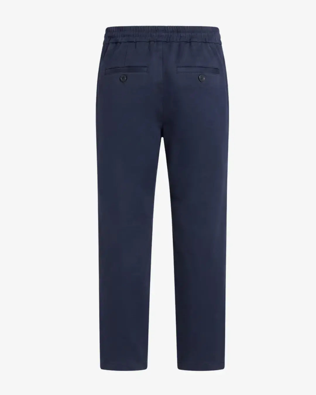A pair of navy blue trousers shown from the back, featuring an elastic waistband and two buttoned welt pockets, set against a plain light gray background.