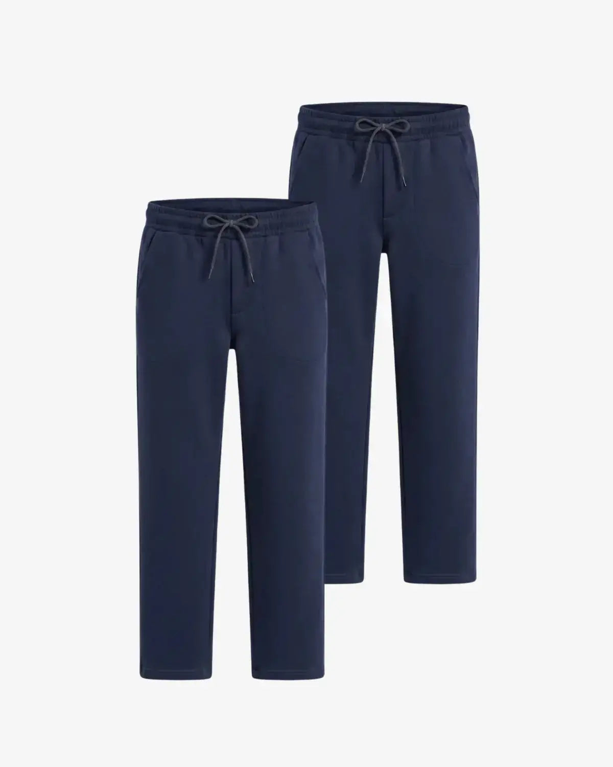 Two pairs of navy blue sweatpants with elastic waistbands and drawstrings, shown on a plain light gray background.