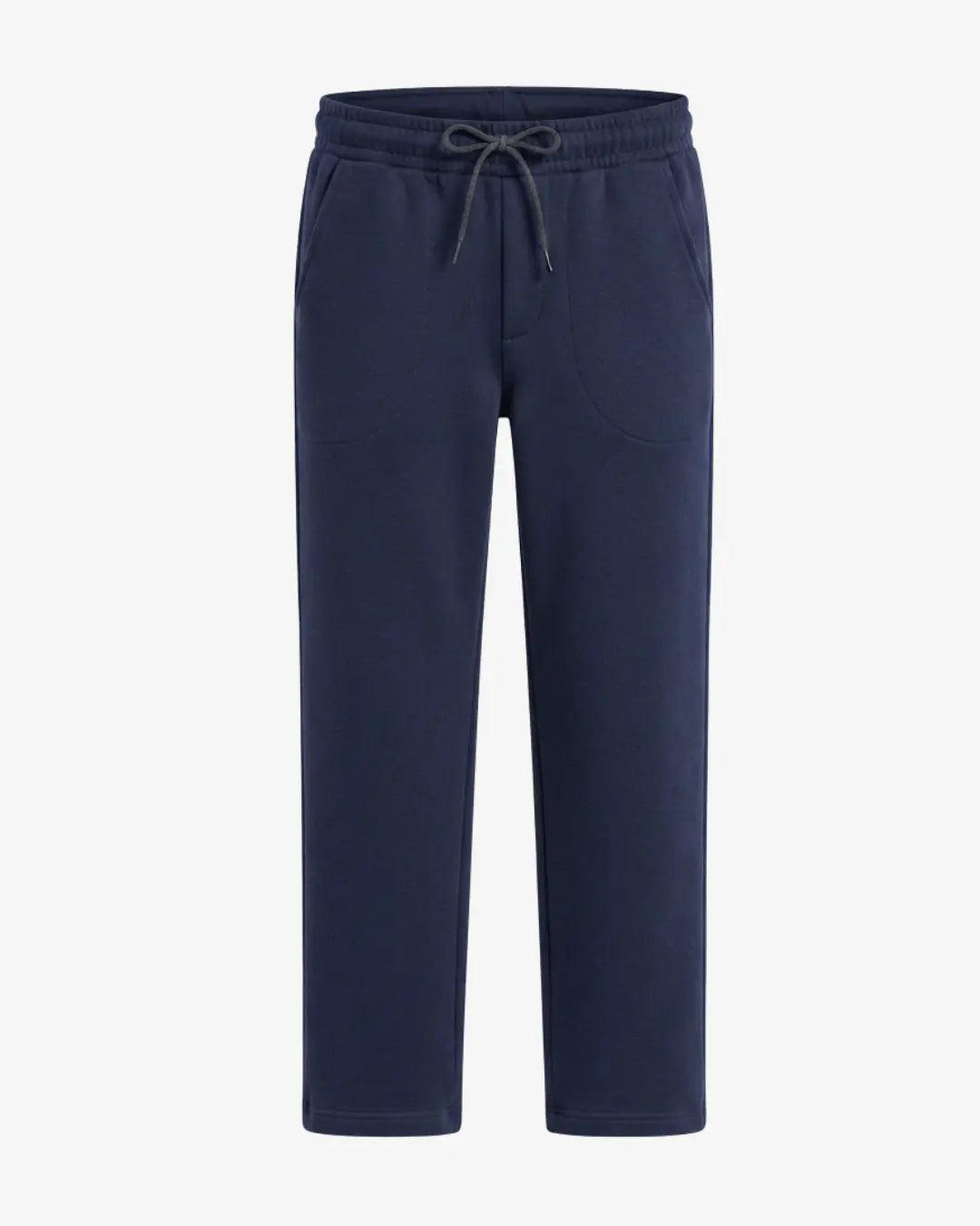 A pair of navy blue sweatpants with an elastic waistband, dark gray drawstring, and side pockets, shown against a plain light gray background.