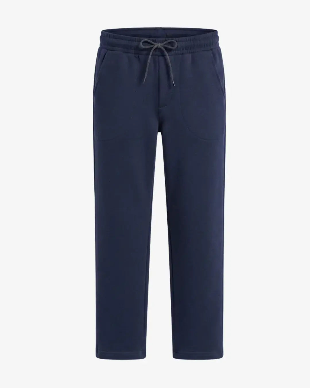 A pair of navy blue sweatpants with an elastic waistband, dark gray drawstring, and side pockets, shown against a plain light gray background.