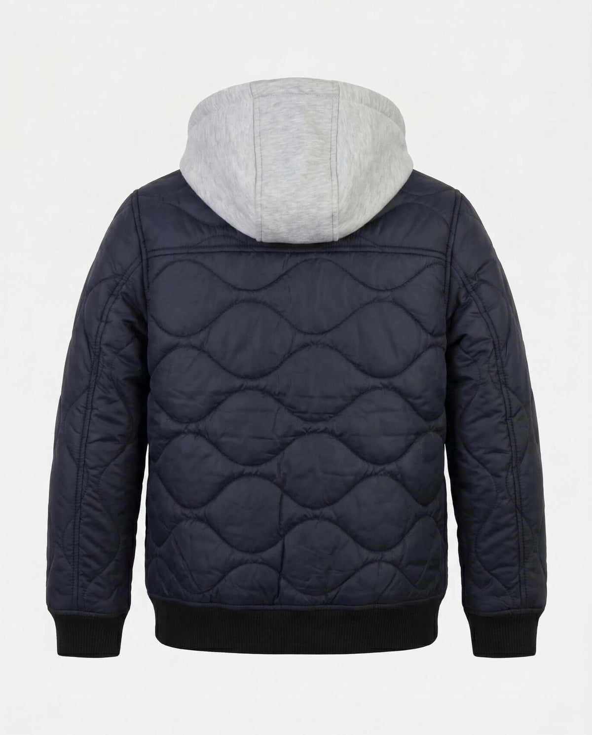 Back view of the Black BX Bomber jacket featuring a gray hood and quilted design.