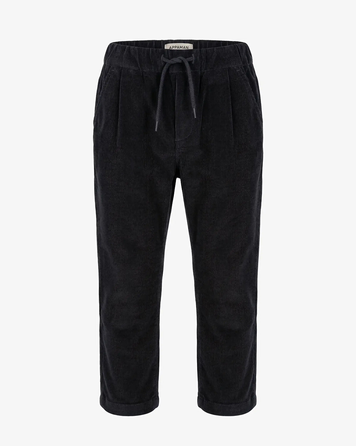 Black Cord Club Pants by Appaman, stylish boys' formal pants with a stretchy waist and drawstring.