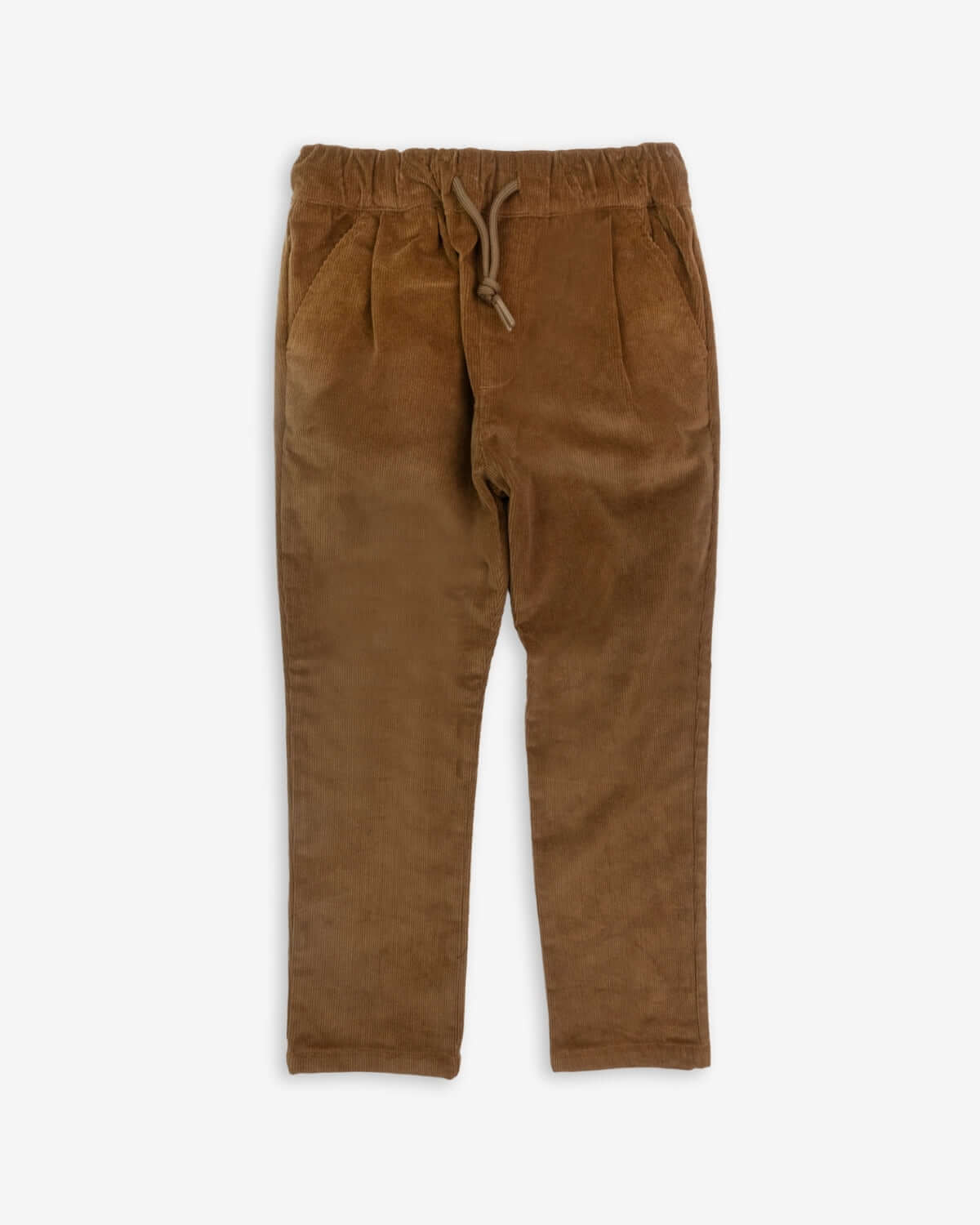 British Khaki Club Pants in brown corduroy, featuring a stretchy waist and drawstring for comfort and style.