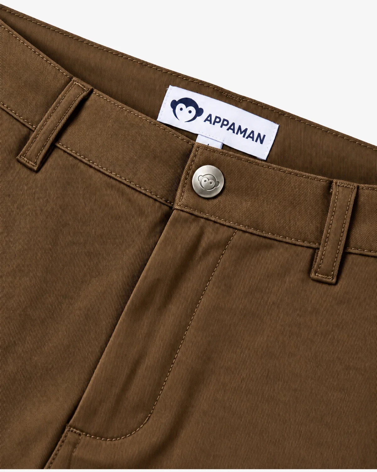 Appaman boys' commuter twill pants in chipmunk, close-up of waistband detail.